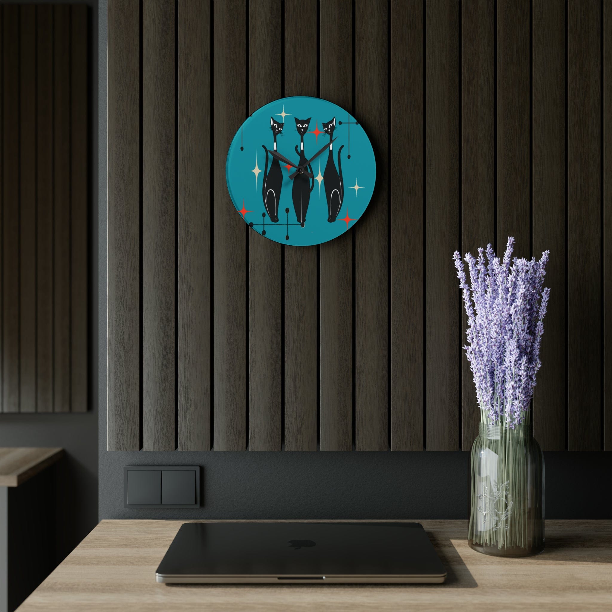 Kate McEnroe New York Mid Century Modern Atomic Cat Acrylic Wall Clock, Retro MCM Living Room, Bedroom, Office, Kids Home DecorWall Clocks20274609771987143681