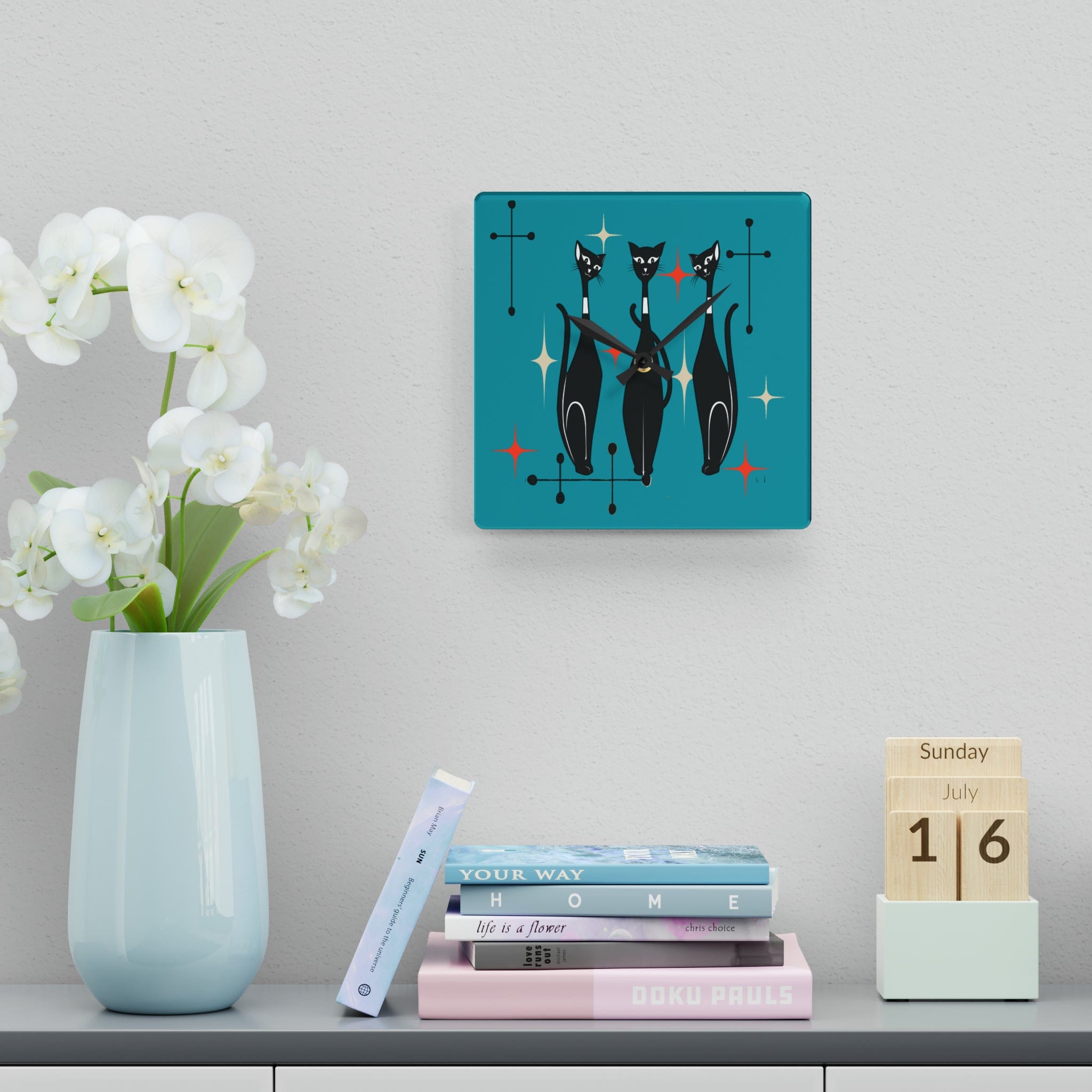 Kate McEnroe New York Mid Century Modern Atomic Cat Acrylic Wall Clock, Retro MCM Living Room, Bedroom, Office, Kids Home DecorWall Clocks20274609771987143681