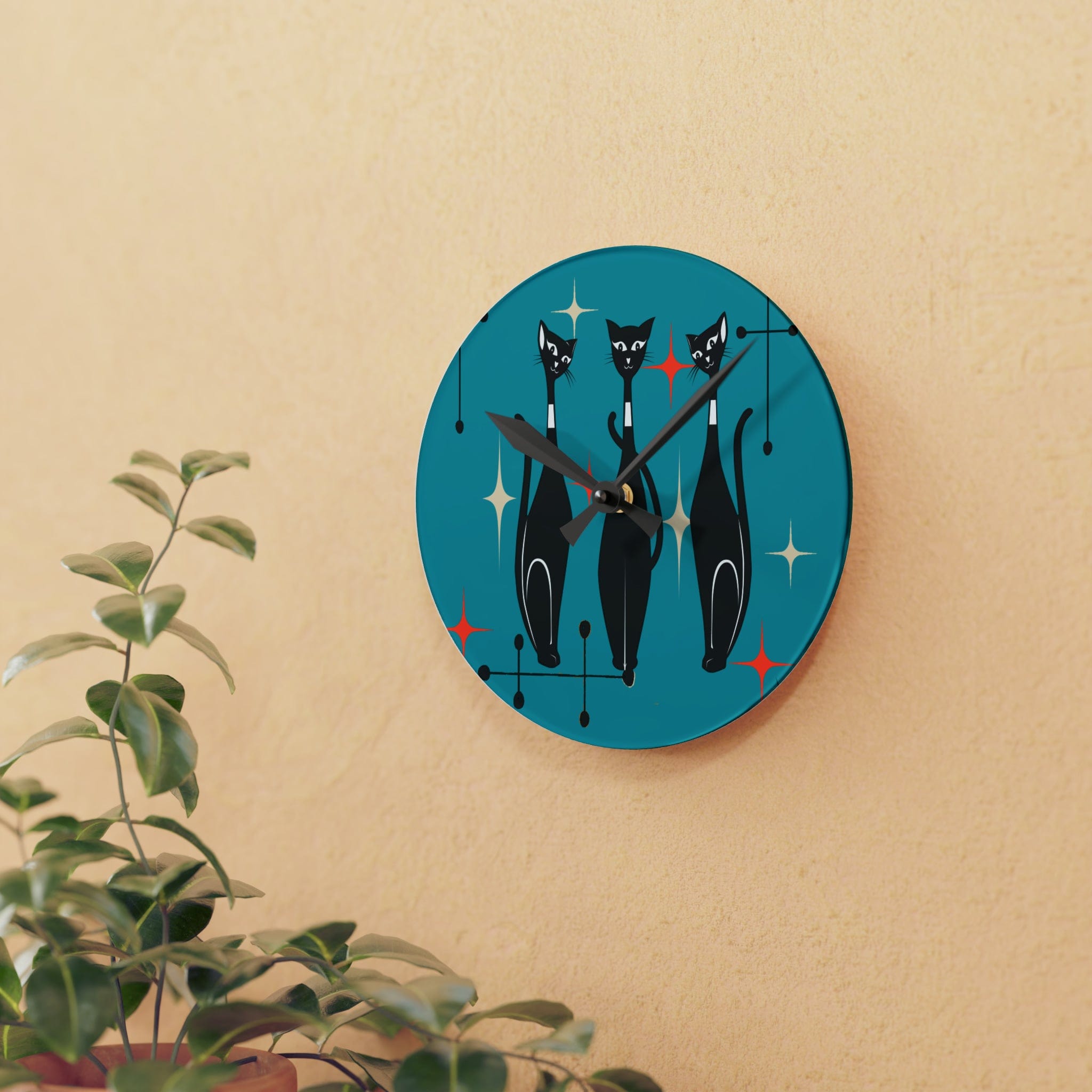 Kate McEnroe New York Mid Century Modern Atomic Cat Acrylic Wall Clock, Retro MCM Living Room, Bedroom, Office, Kids Home DecorWall Clocks20274609771987143681