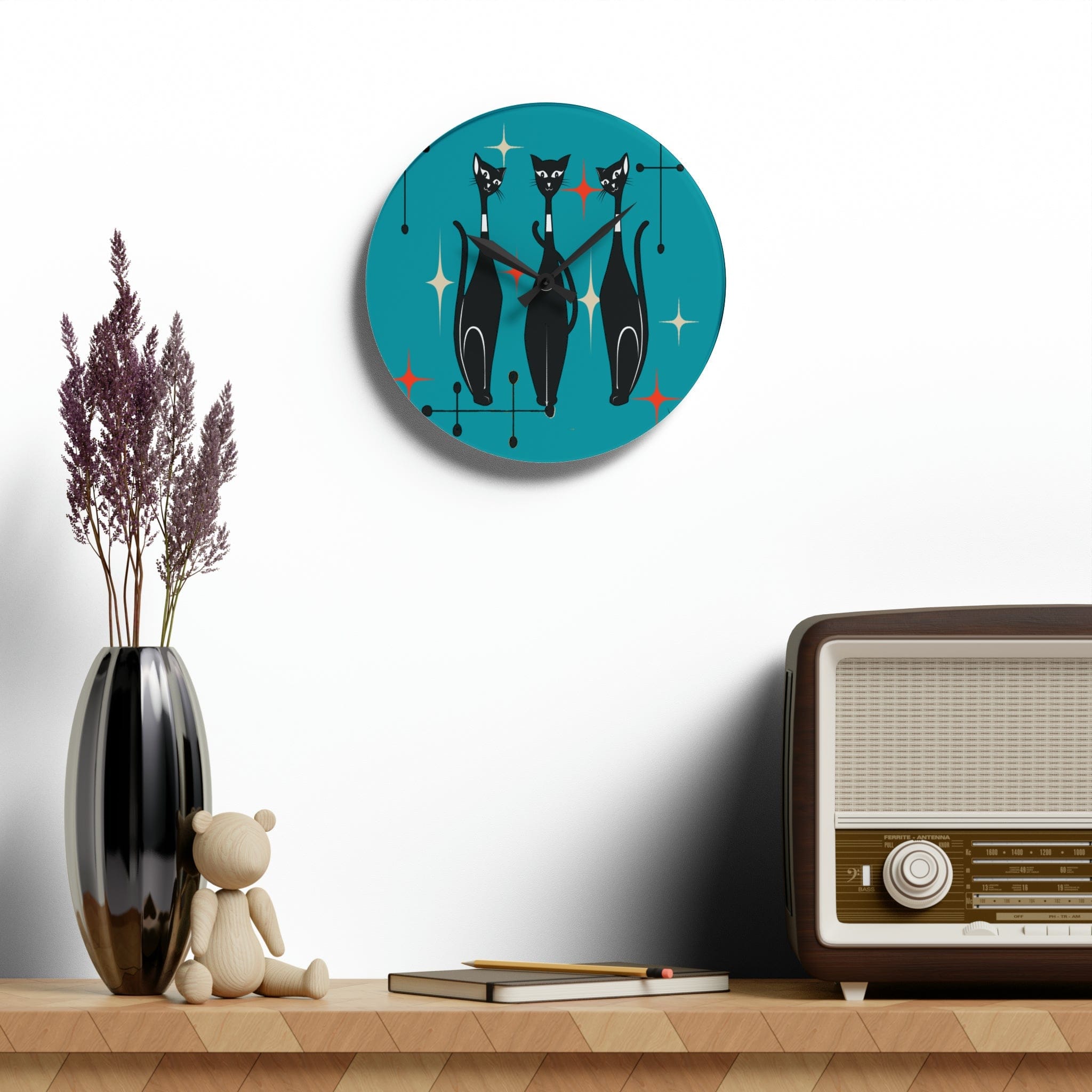 Kate McEnroe New York Mid Century Modern Atomic Cat Acrylic Wall Clock, Retro MCM Living Room, Bedroom, Office, Kids Home DecorWall Clocks20274609771987143681