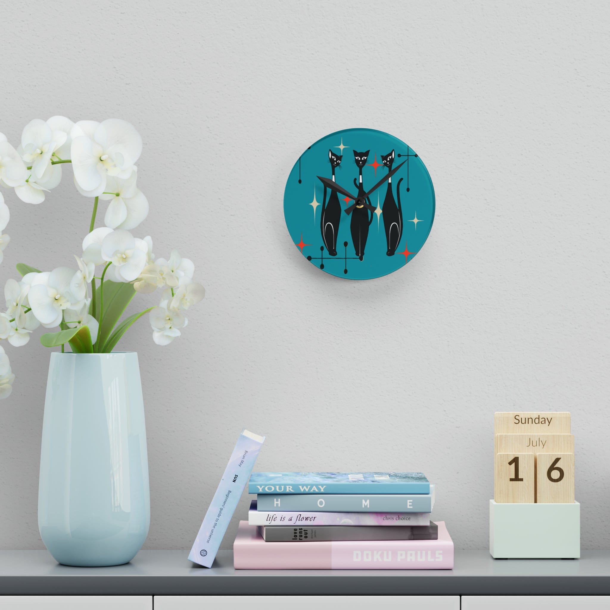 Kate McEnroe New York Mid Century Modern Atomic Cat Acrylic Wall Clock, Retro MCM Living Room, Bedroom, Office, Kids Home DecorWall Clocks20274609771987143681