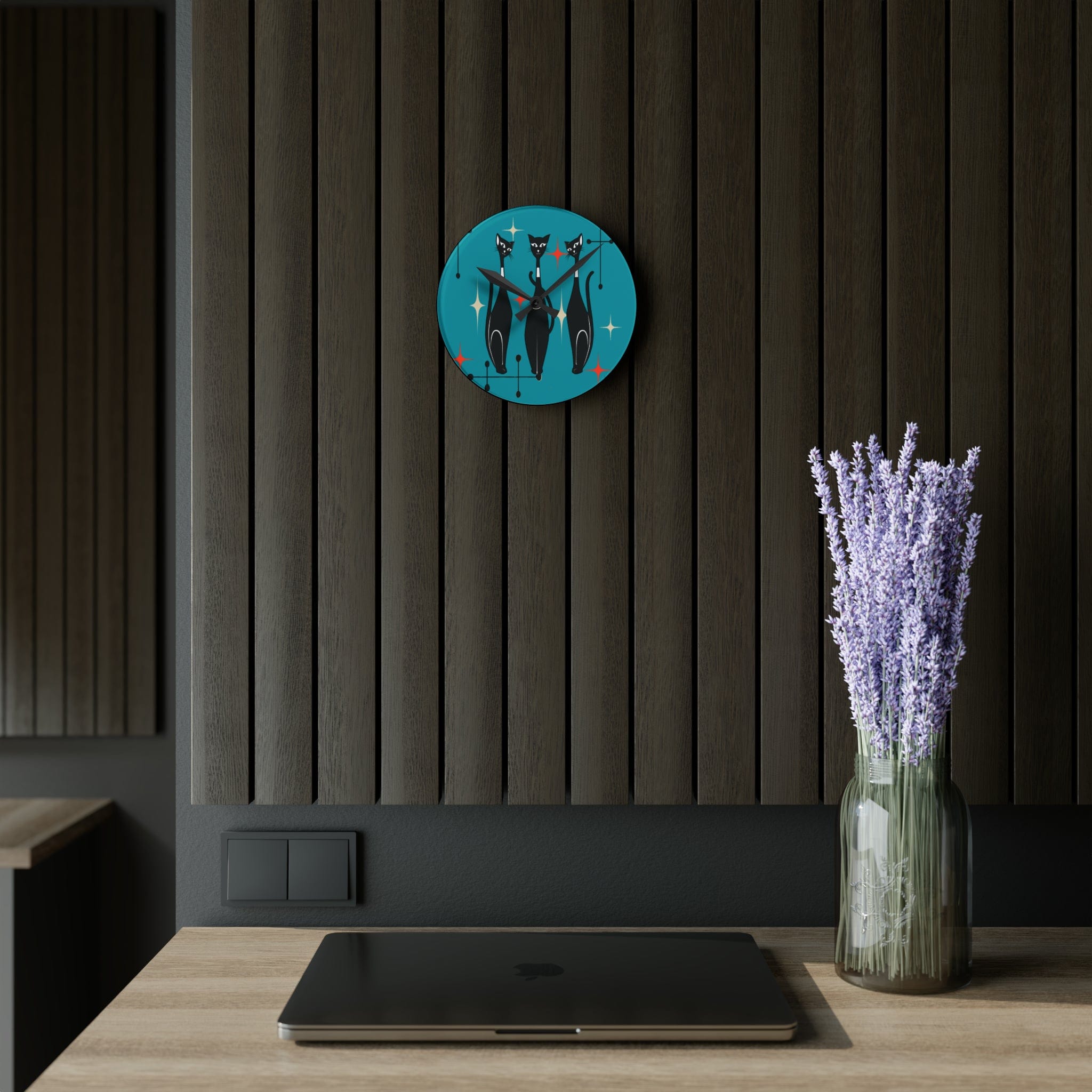 Kate McEnroe New York Mid Century Modern Atomic Cat Acrylic Wall Clock, Retro MCM Living Room, Bedroom, Office, Kids Home DecorWall Clocks20274609771987143681