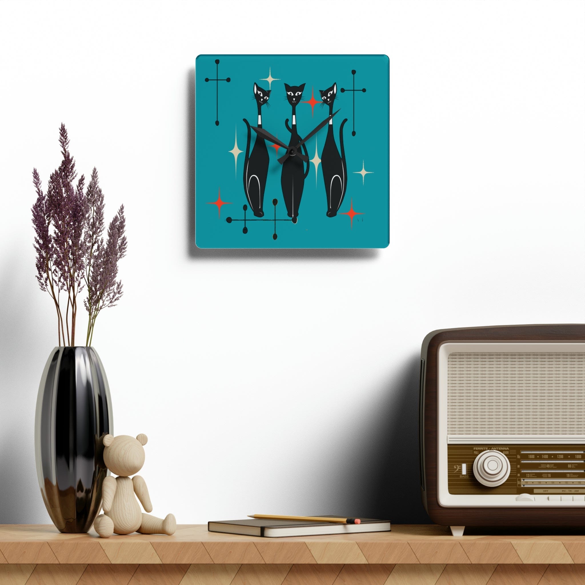 Kate McEnroe New York Mid Century Modern Atomic Cat Acrylic Wall Clock, Retro MCM Living Room, Bedroom, Office, Kids Home DecorWall Clocks22335888679680829471