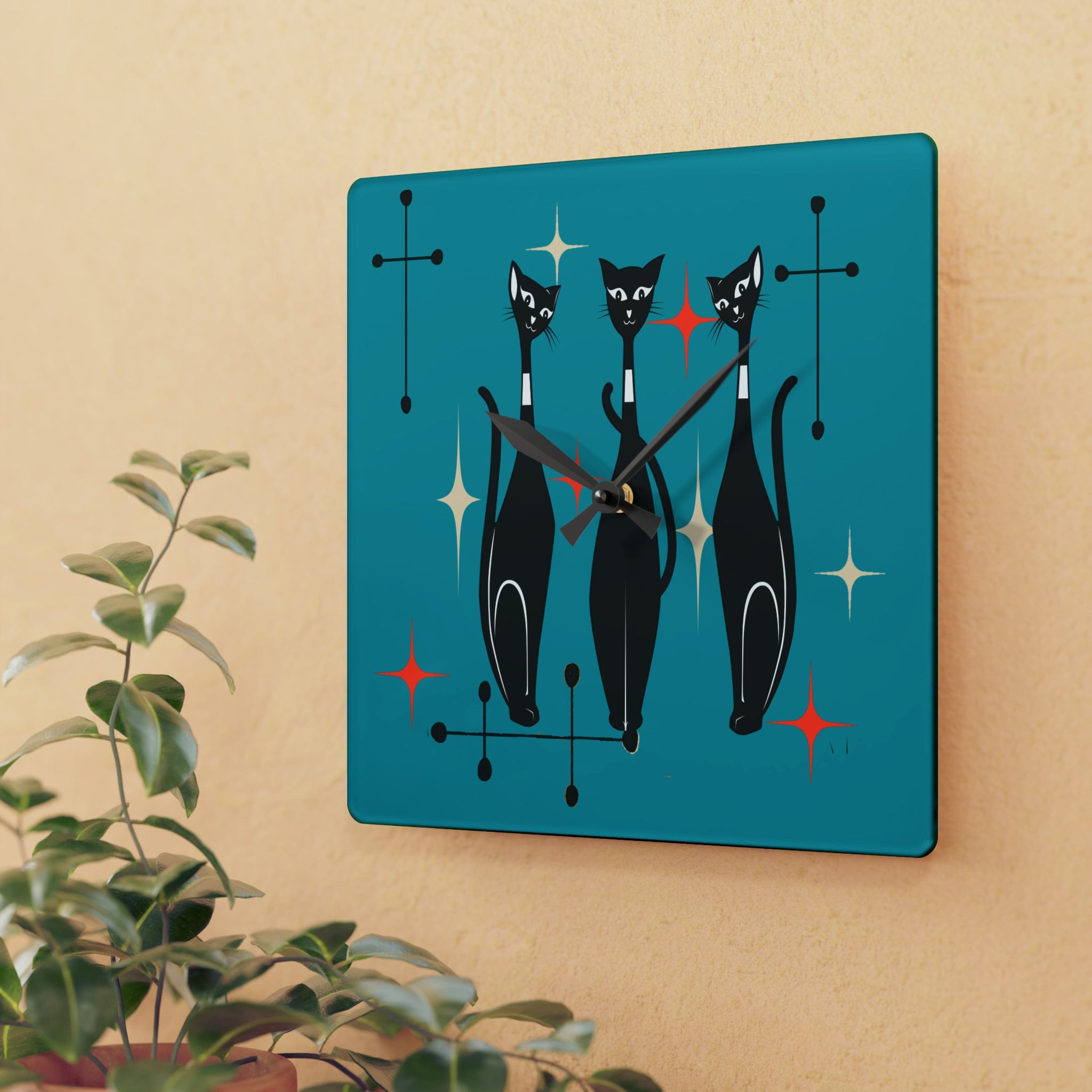 Kate McEnroe New York Mid Century Modern Atomic Cat Acrylic Wall Clock, Retro MCM Living Room, Bedroom, Office, Kids Home DecorWall Clocks24406789401933176063
