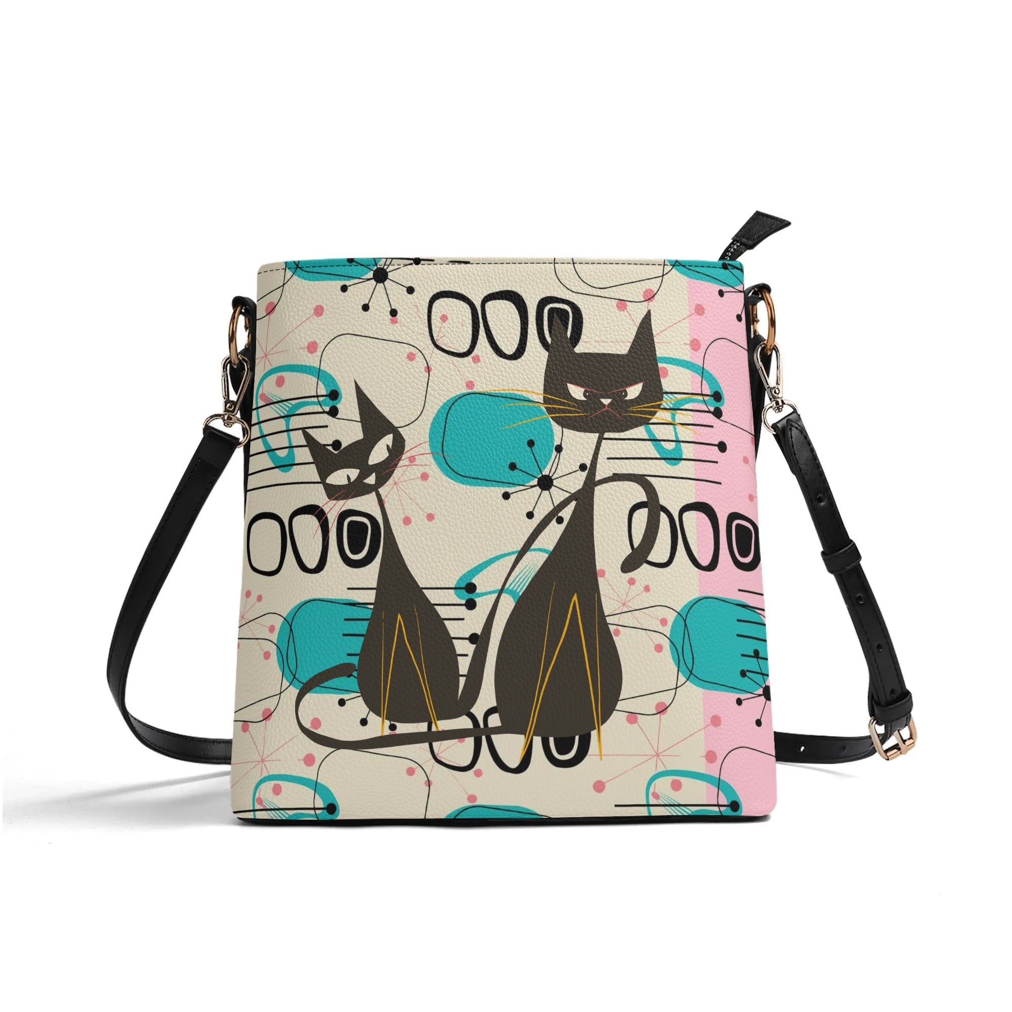 Kate McEnroe New York Mid Century Modern Atomic Cat Bucket Bag, Retro Pink, Turquoise, and Black Shoulder BagHandbagsWDE6PK1Y - 1