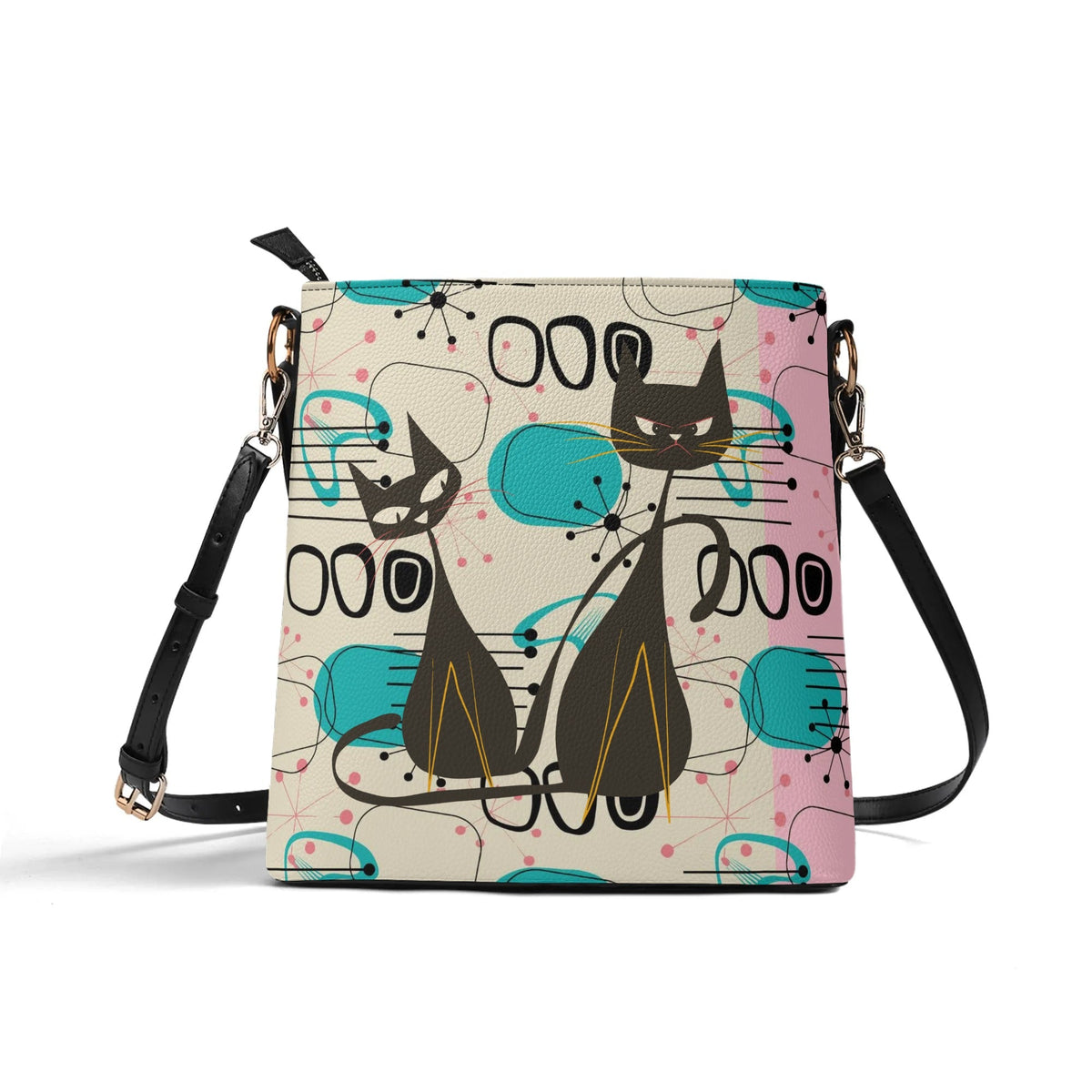 Kate McEnroe New York Mid Century Modern Atomic Cat Bucket Bag, Retro Pink, Turquoise, and Black Shoulder BagHandbagsWDE6PK1Y - 1
