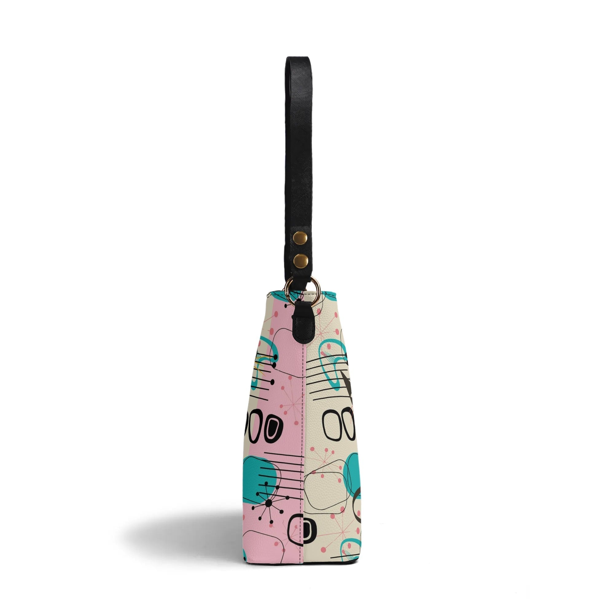 Kate McEnroe New York Mid Century Modern Atomic Cat Bucket Bag, Retro Pink, Turquoise, and Black Shoulder BagHandbagsWDE6PK1Y - 1
