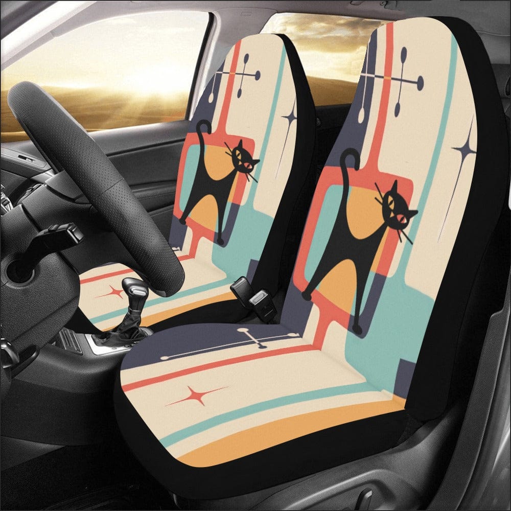 interestprint Mid Century Modern Atomic Cat Car Seat Cover Set, Geometric Teal Blue, Mustard Yellow, Cream MCM Starburst Car Decor, Retro Seat Protector Car Accessories One Size D2846145