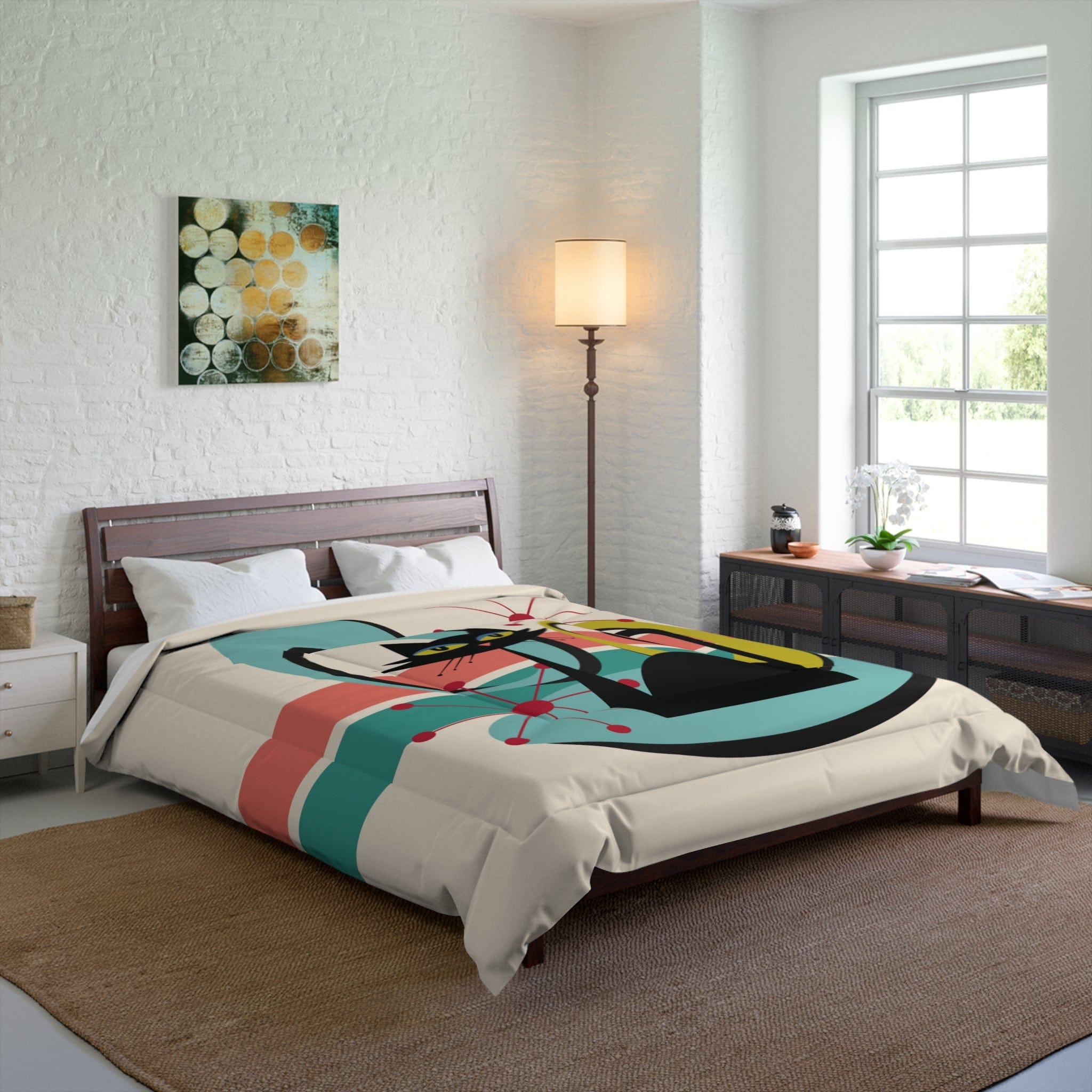 Kate McEnroe New York Mid Century Modern Atomic Cat Comforter, Retro MCM Teal, Beige, Coral Bedding, Nostalgic 50s Bedroom DecorComforters10112511037738916560