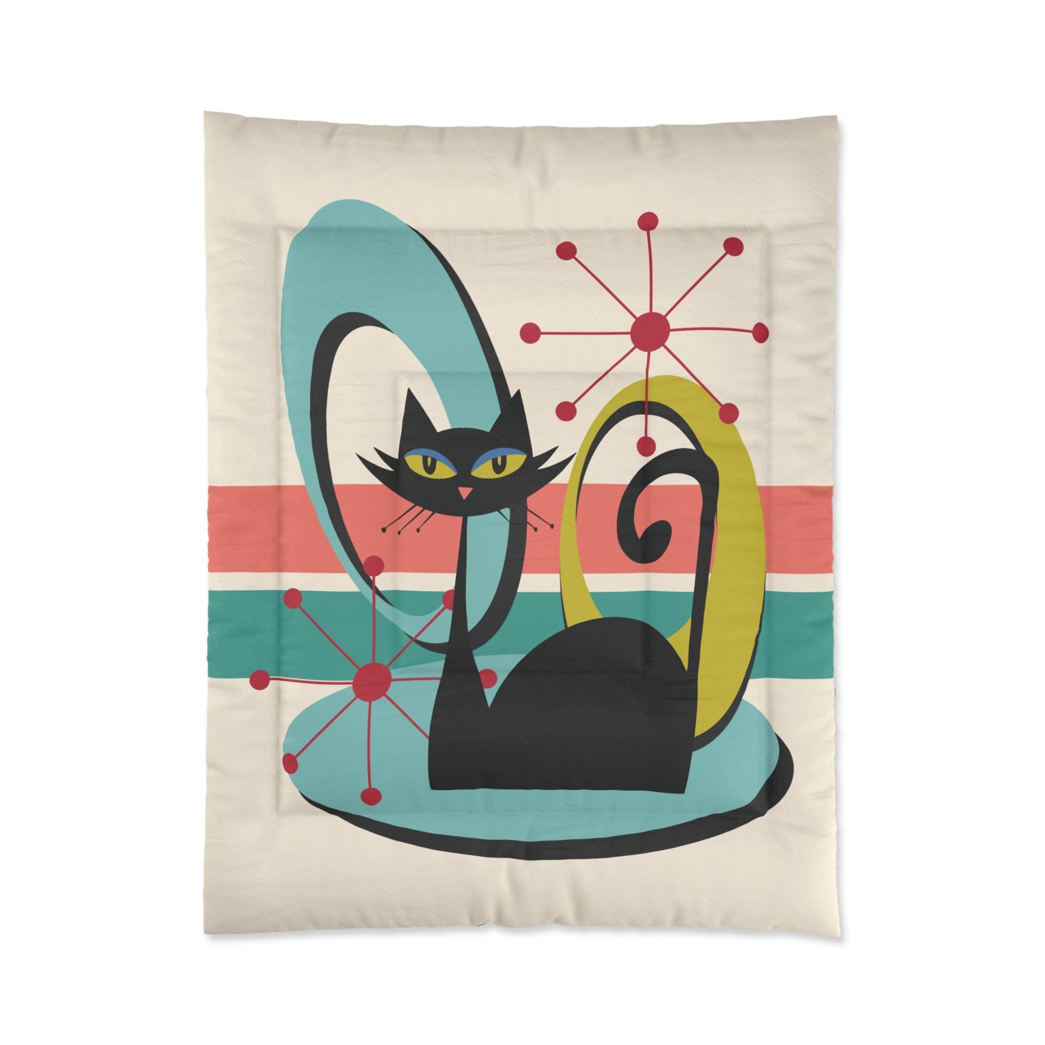 Kate McEnroe New York Mid Century Modern Atomic Cat Comforter, Retro MCM Teal, Beige, Coral Bedding, Nostalgic 50s Bedroom DecorComforters10112511037738916560