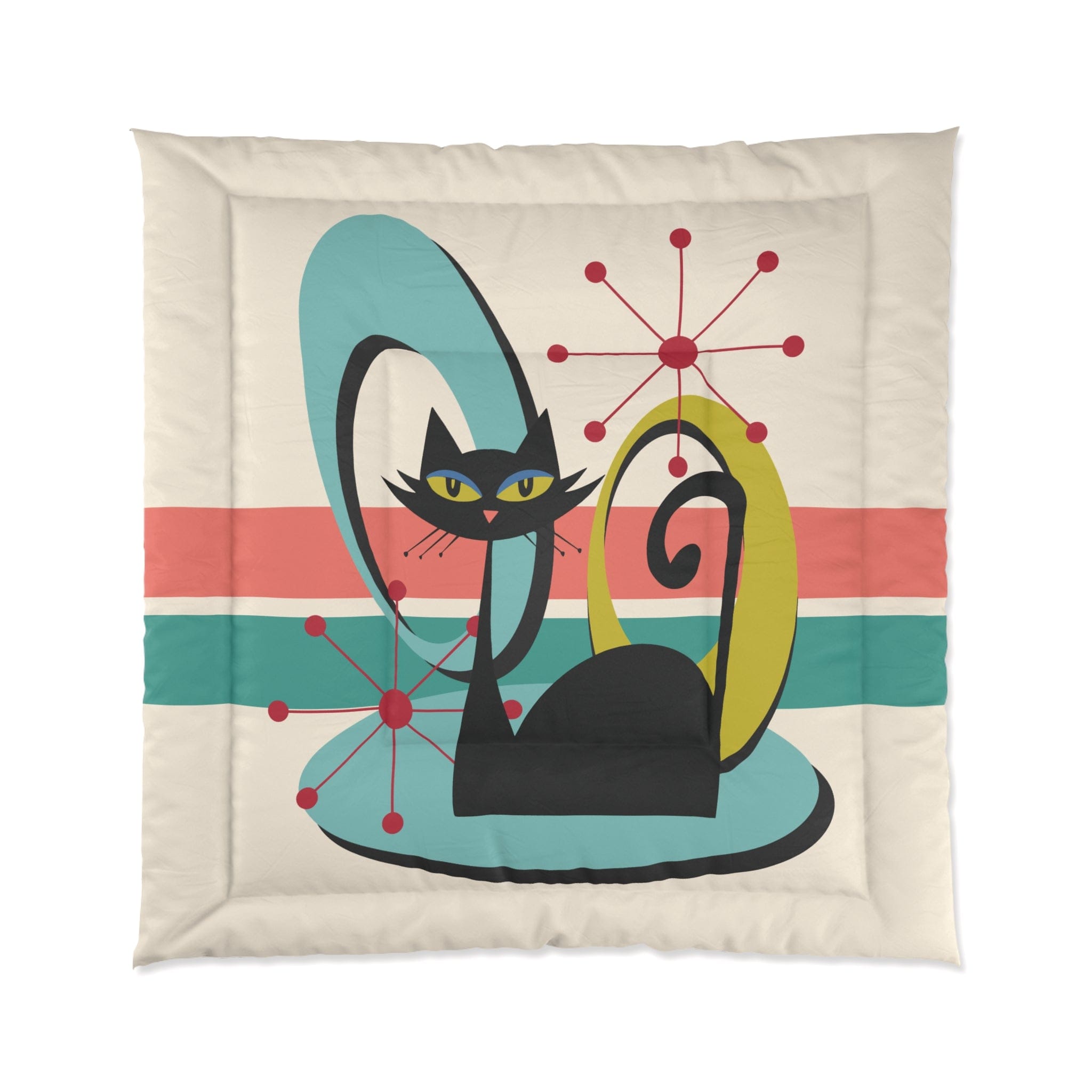 Kate McEnroe New York Mid Century Modern Atomic Cat Comforter, Retro MCM Teal, Beige, Coral Bedding, Nostalgic 50s Bedroom DecorComforters10112511037738916560