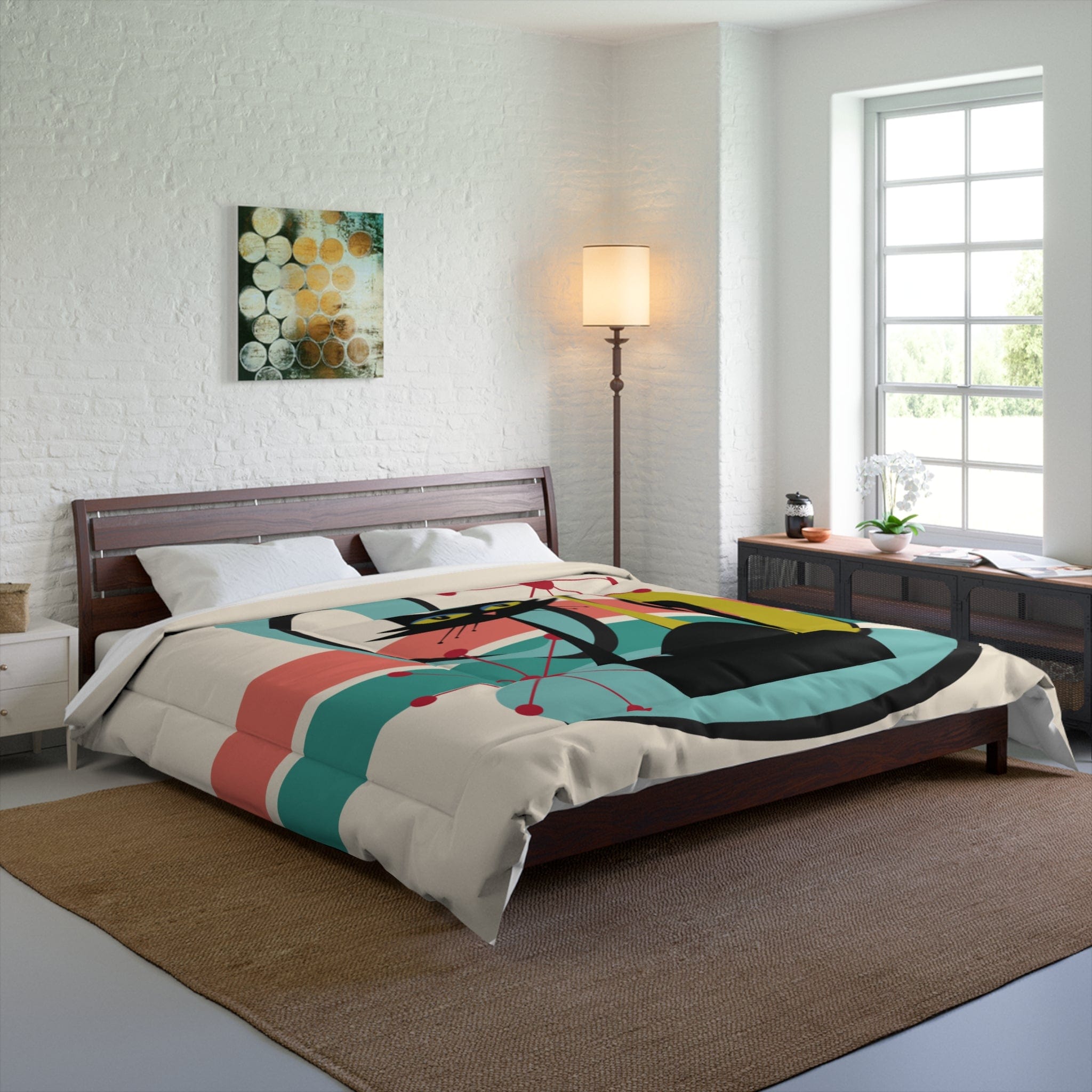 Kate McEnroe New York Mid Century Modern Atomic Cat Comforter, Retro MCM Teal, Beige, Coral Bedding, Nostalgic 50s Bedroom DecorComforters26759470292569982289