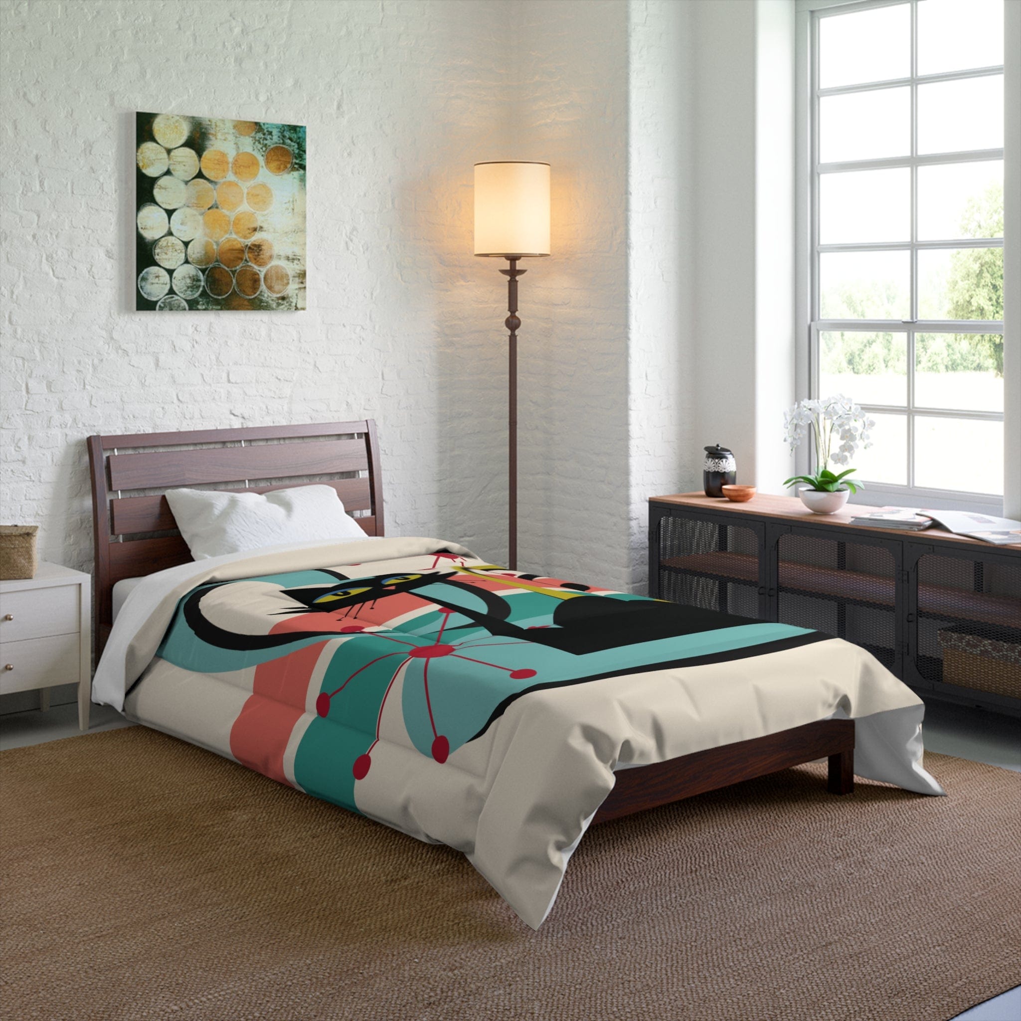 Kate McEnroe New York Mid Century Modern Atomic Cat Comforter, Retro MCM Teal, Beige, Coral Bedding, Nostalgic 50s Bedroom DecorComforters30318675574030087568