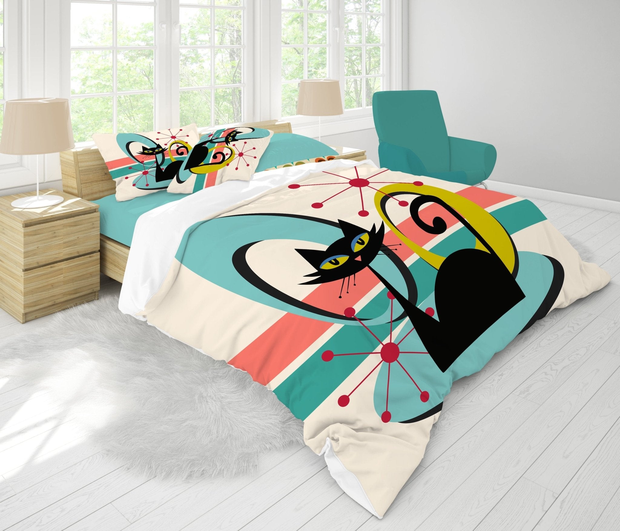 Kate McEnroe New York Mid Century Modern Atomic Cat Comforter, Retro MCM Teal, Beige, Coral Bedding, Nostalgic 50s Bedroom DecorComforters30318675574030087568