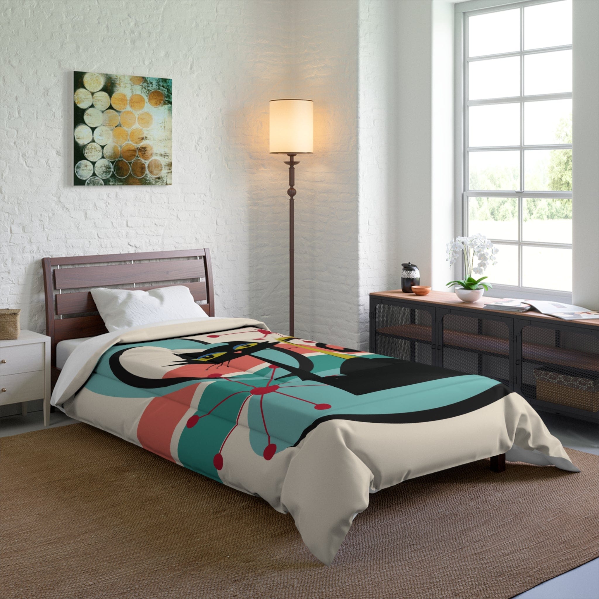 Kate McEnroe New York Mid Century Modern Atomic Cat Comforter, Retro MCM Teal, Beige, Coral Bedding, Nostalgic 50s Bedroom DecorComforters32529603345973920365