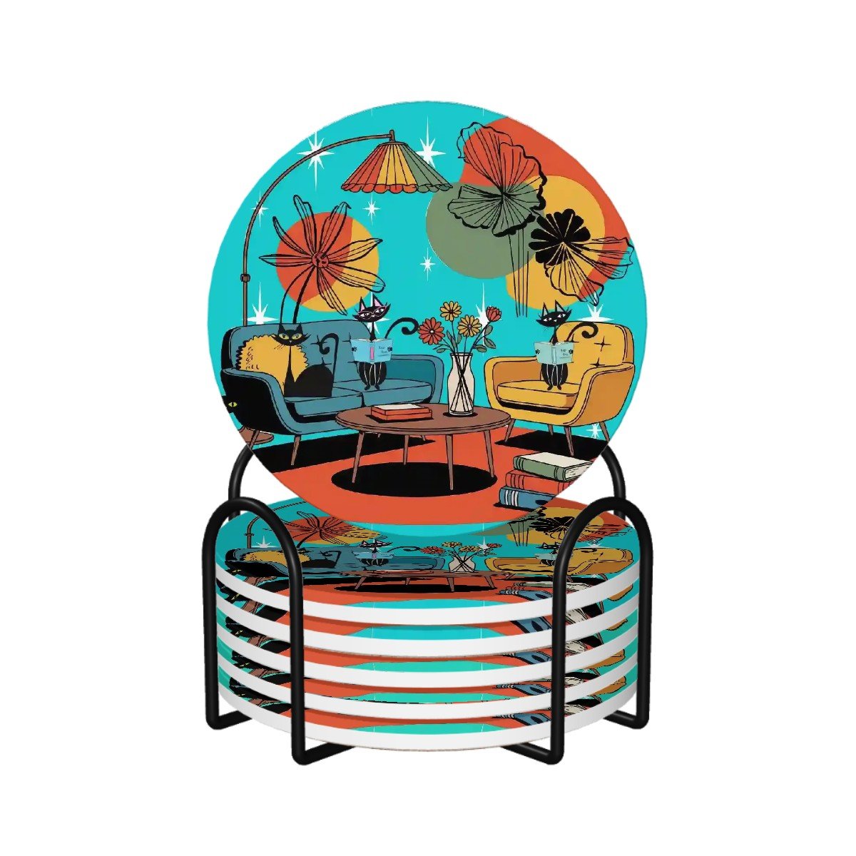 Kate McEnroe New York Mid Century Modern Atomic Cat Den Coaster Set, Retro Kitsch DrinkwareCoastersOjK9MU2TLQ