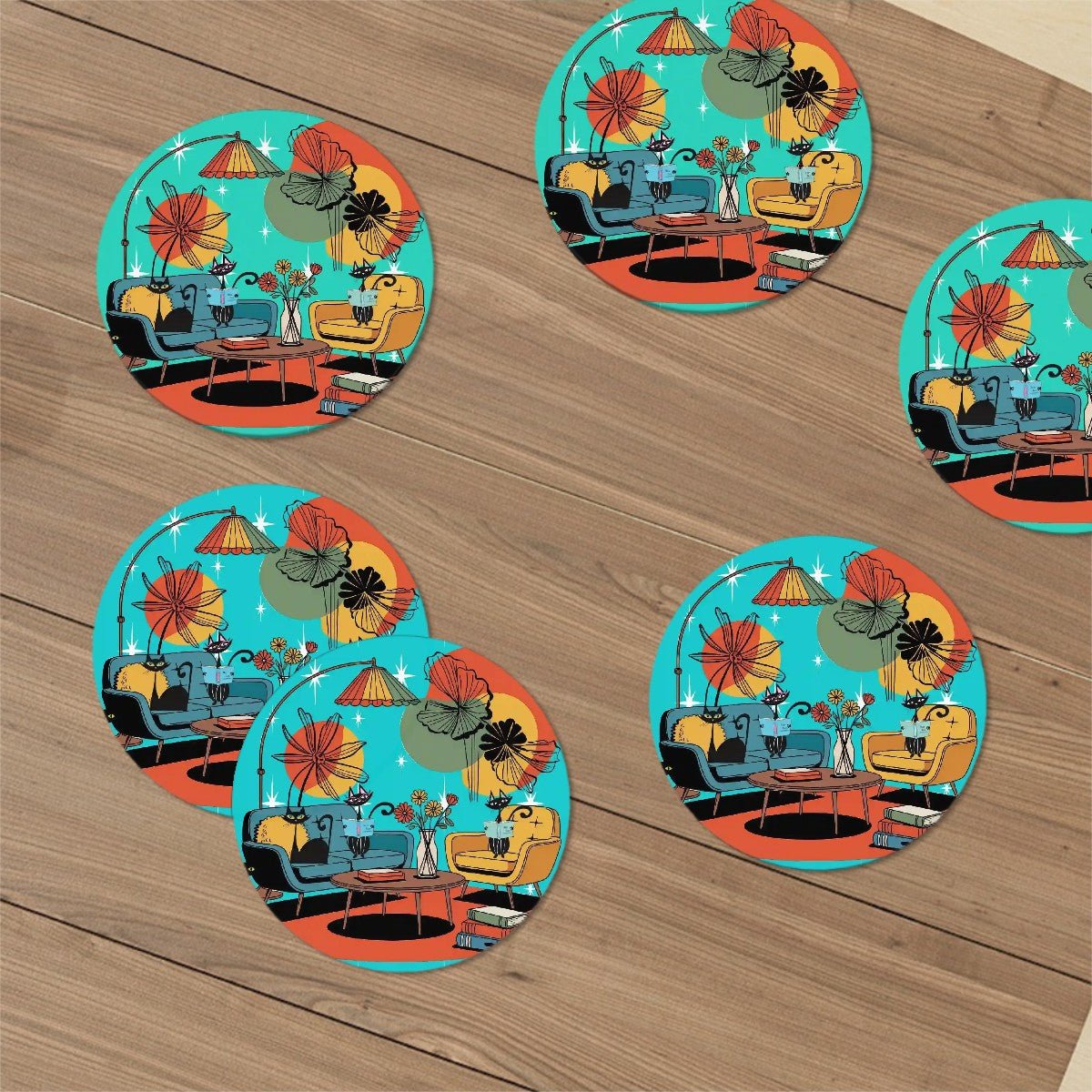 Kate McEnroe New York Mid Century Modern Atomic Cat Den Coaster Set, Retro Kitsch DrinkwareCoastersOjK9MU2TLQ