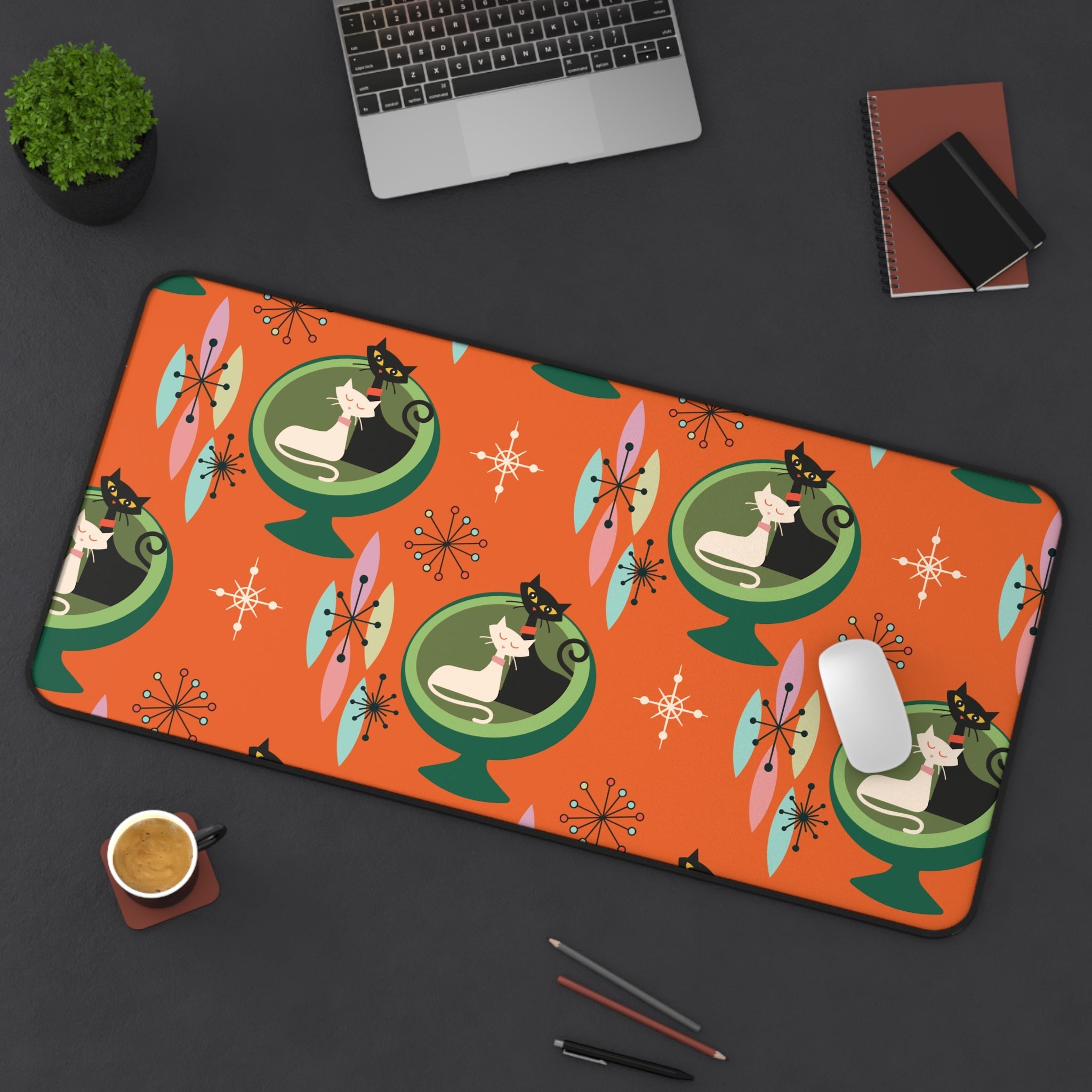 Kate McEnroe New York Mid - Century Modern Atomic Cat Desk Mat in Burnt Orange and Green, Retro Sputnik Egg Chair Office AccessoryDesk Mats18246931096639469787