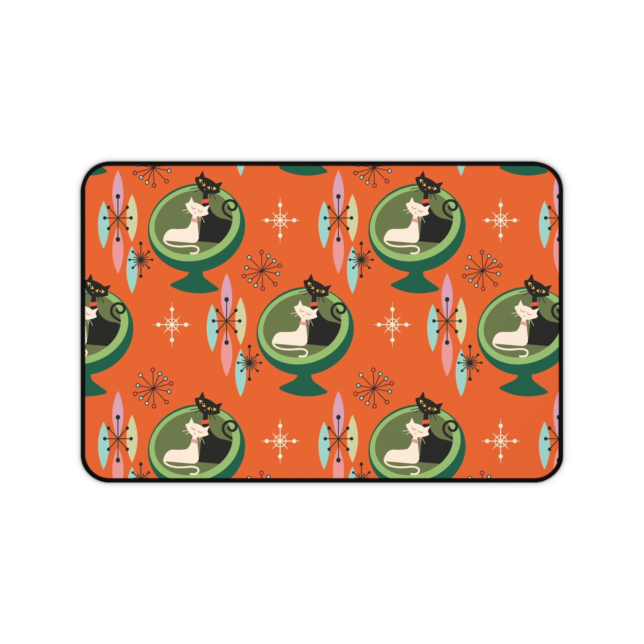 Kate McEnroe New York Mid - Century Modern Atomic Cat Desk Mat in Burnt Orange and Green, Retro Sputnik Egg Chair Office AccessoryDesk Mats73770016297103965939