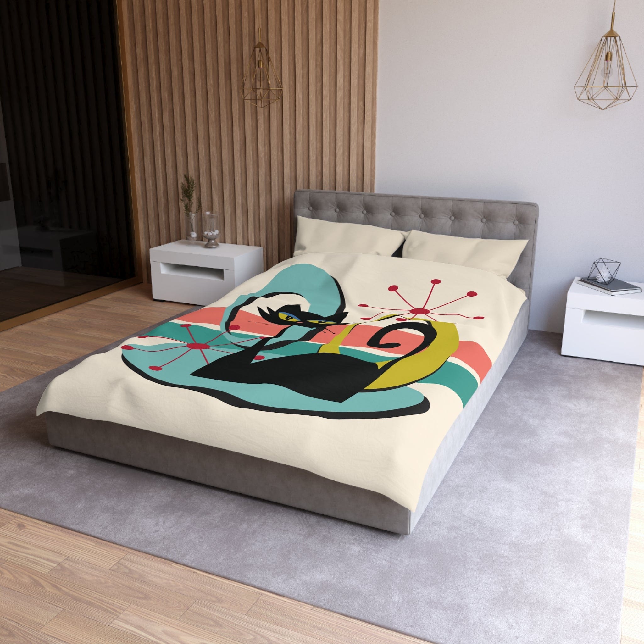 Kate McEnroe New York Mid Century Modern Atomic Cat Duvet Cover, Retro MCM Starburst Teal, Beige, Coral Bedding, Nostalgic 50s Bedroom DecorDuvet Covers10686760440049126807