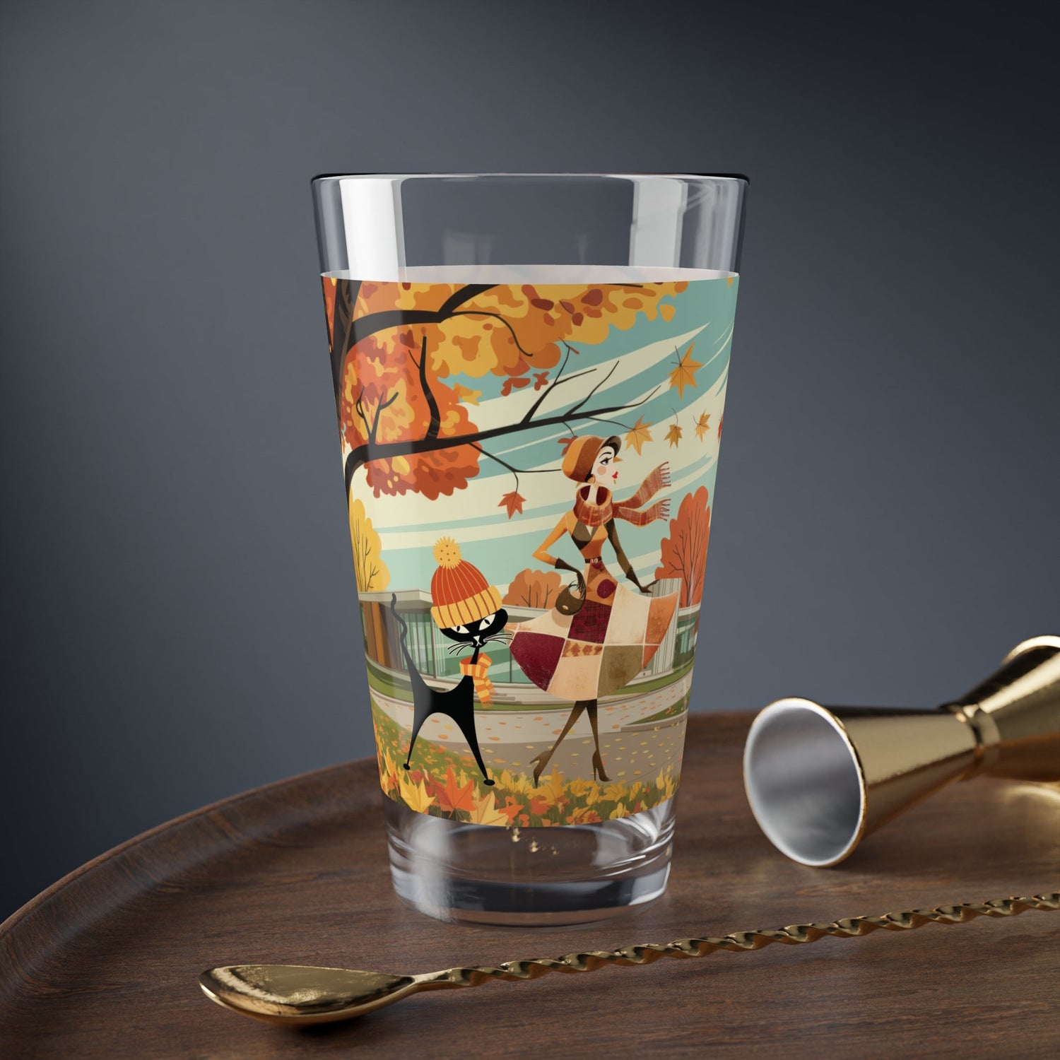 Kate McEnroe New York Mid Century Modern Atomic Cat Fall Pint Glass Retro Autumn DrinkwarePint Glasses29537676189608362015