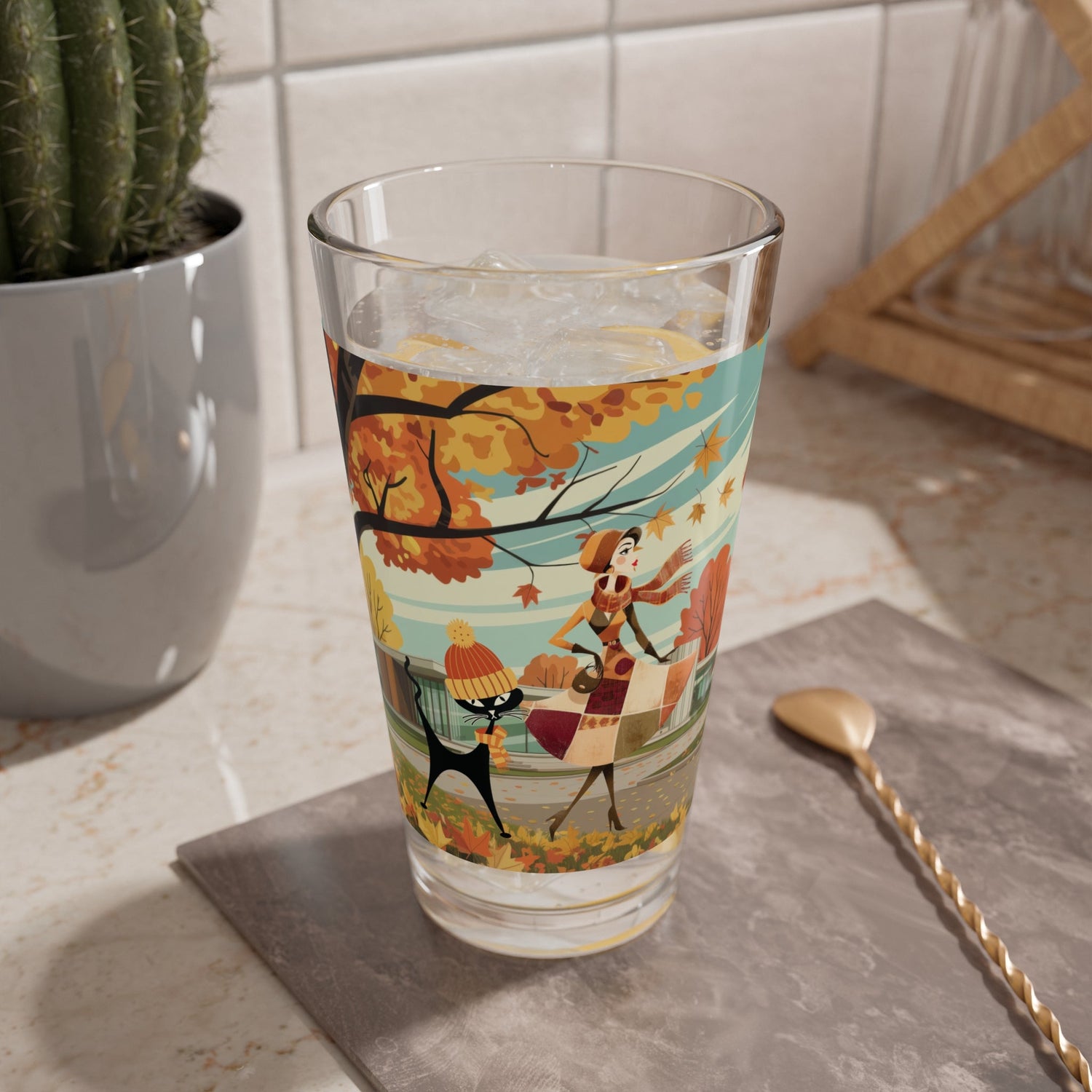 Kate McEnroe New York Mid Century Modern Atomic Cat Fall Pint Glass Retro Autumn DrinkwarePint Glasses29537676189608362015