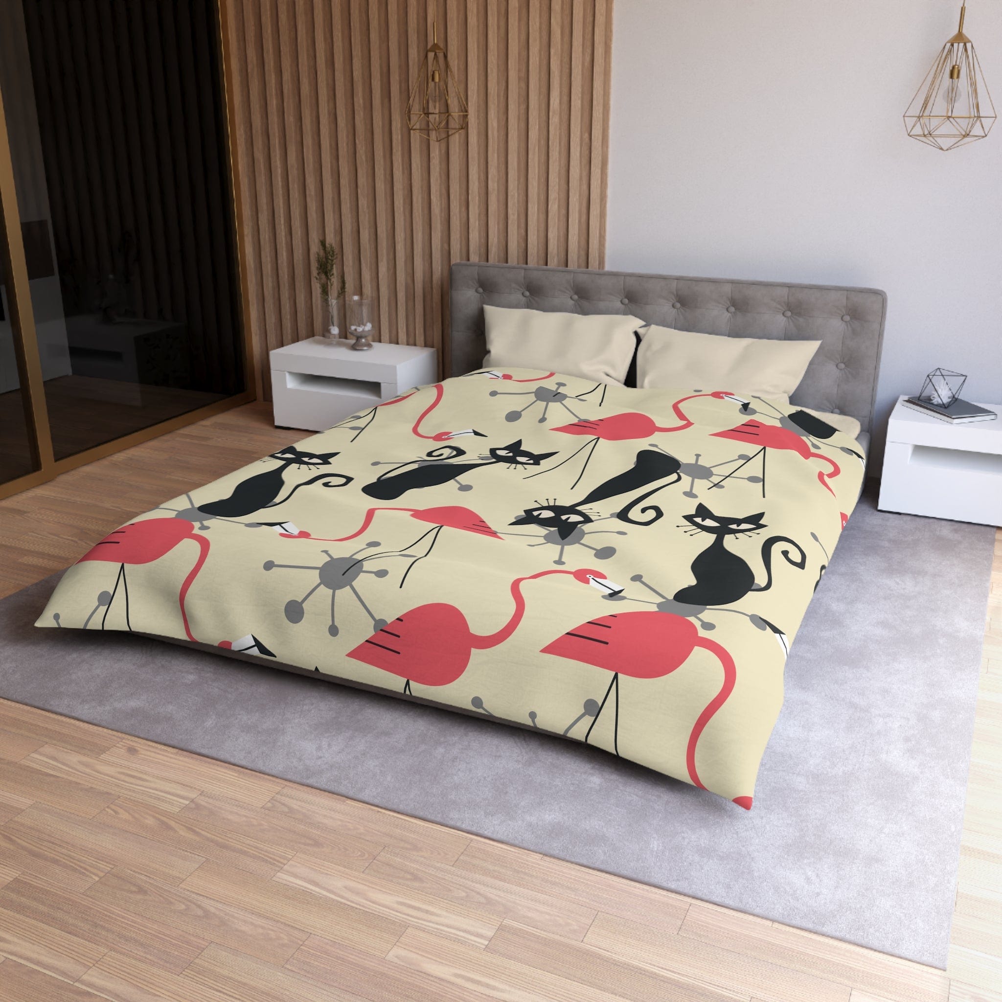 Kate McEnroe New York Mid Century Modern Atomic Cat, Flamingo Duvet Set, Retro Whimsy MCM Starburst Bedroom DecorDuvet Covers24870275310786509963
