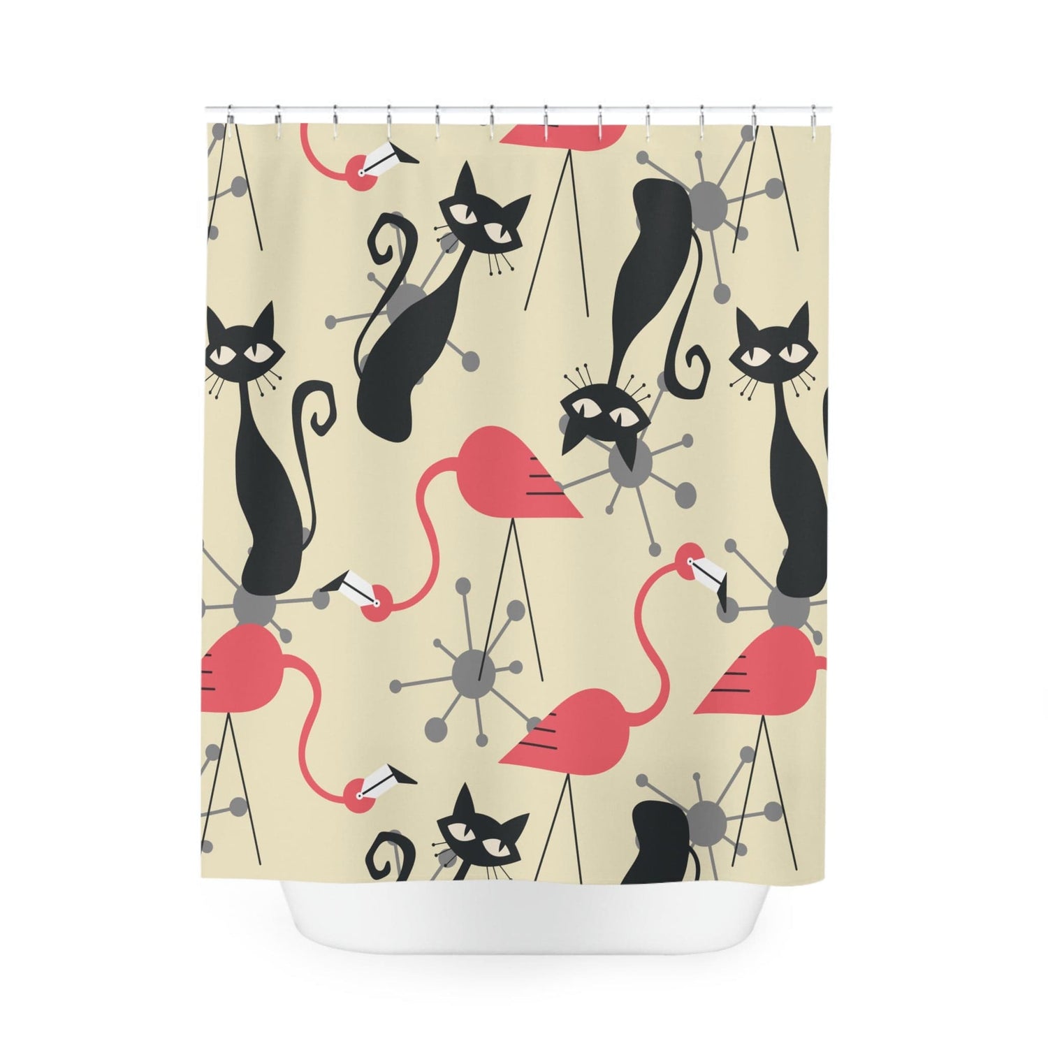 Kate McEnroe New York Mid Century Modern Atomic Cat, Flamingo Shower Curtain, Retro Whimsy Bath Decor Shower Curtains 71&quot; × 74&quot; 17927581012828160564