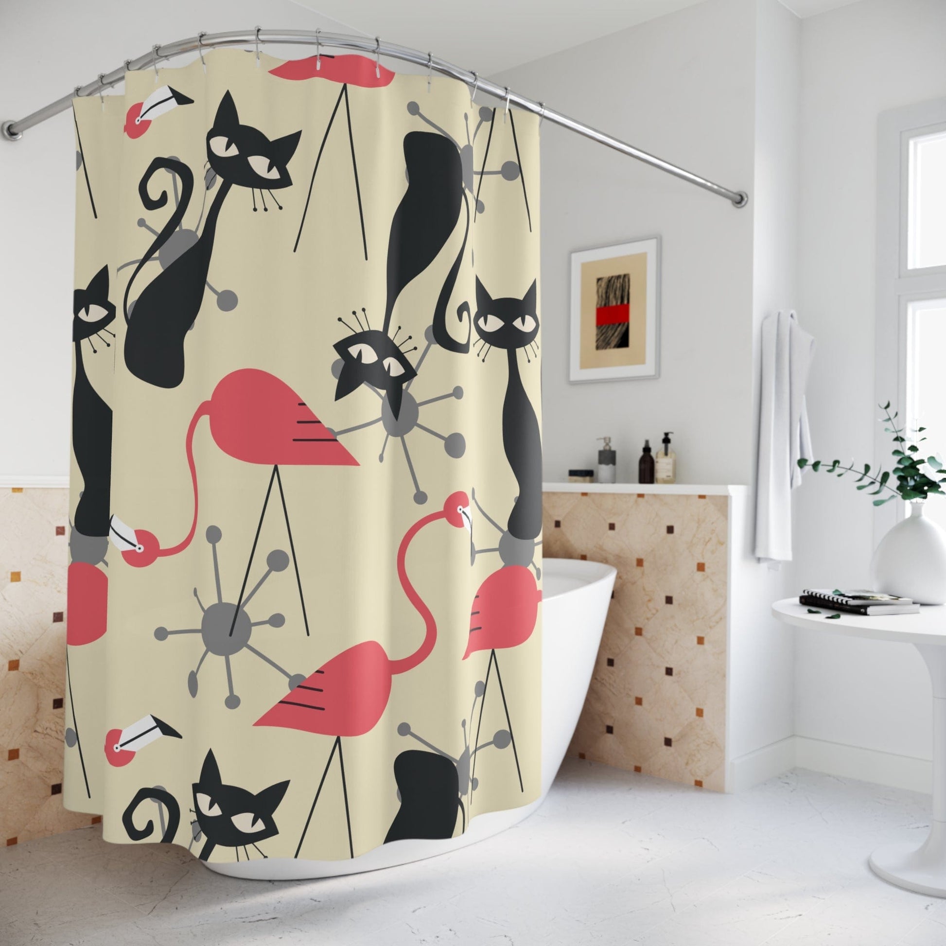Kate McEnroe New York Mid Century Modern Atomic Cat, Flamingo Shower Curtain, Retro Whimsy Bath Decor Shower Curtains 71" × 74" 17927581012828160564