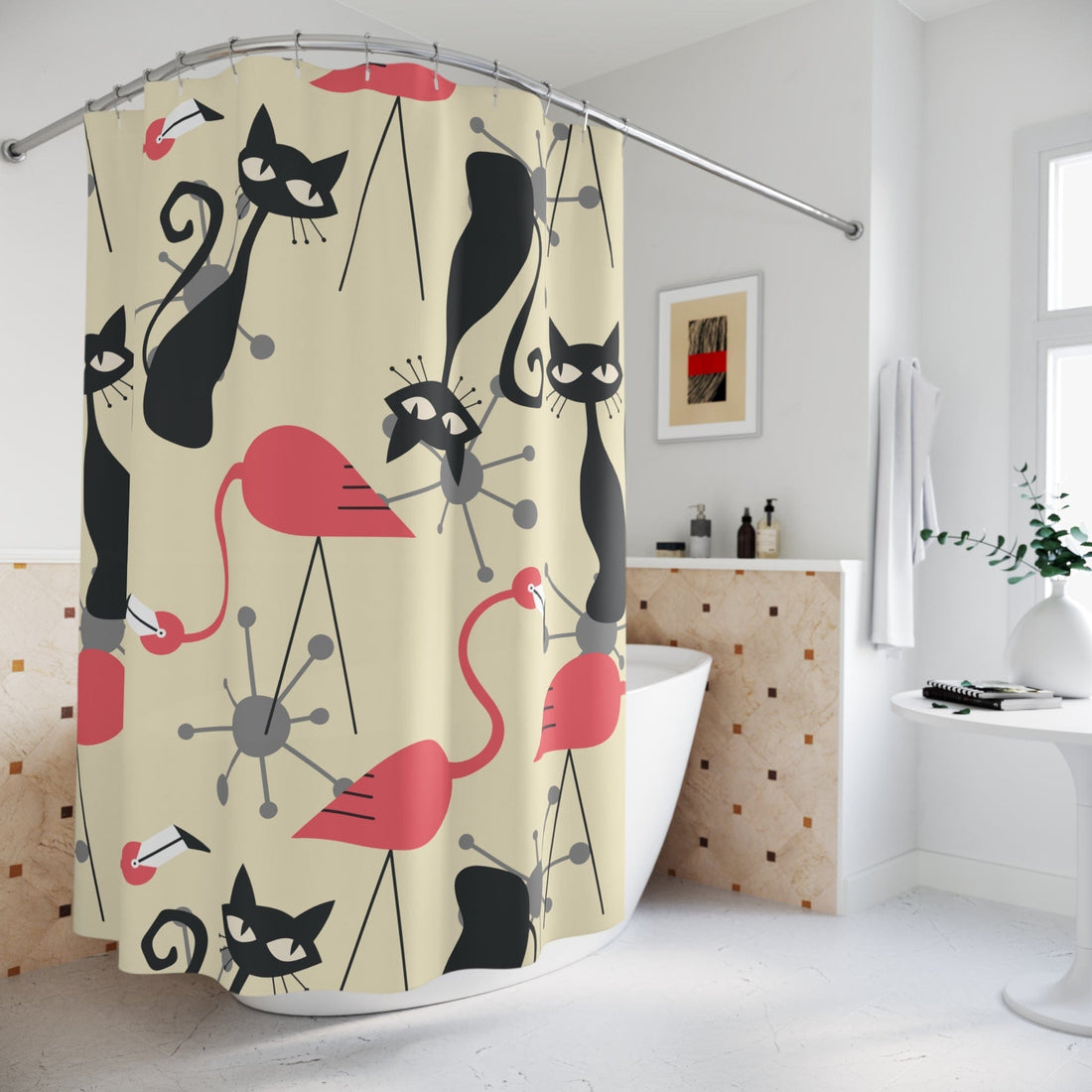 Kate McEnroe New York Mid Century Modern Atomic Cat, Flamingo Shower Curtain, Retro Whimsy Bath DecorShower Curtains17927581012828160564
