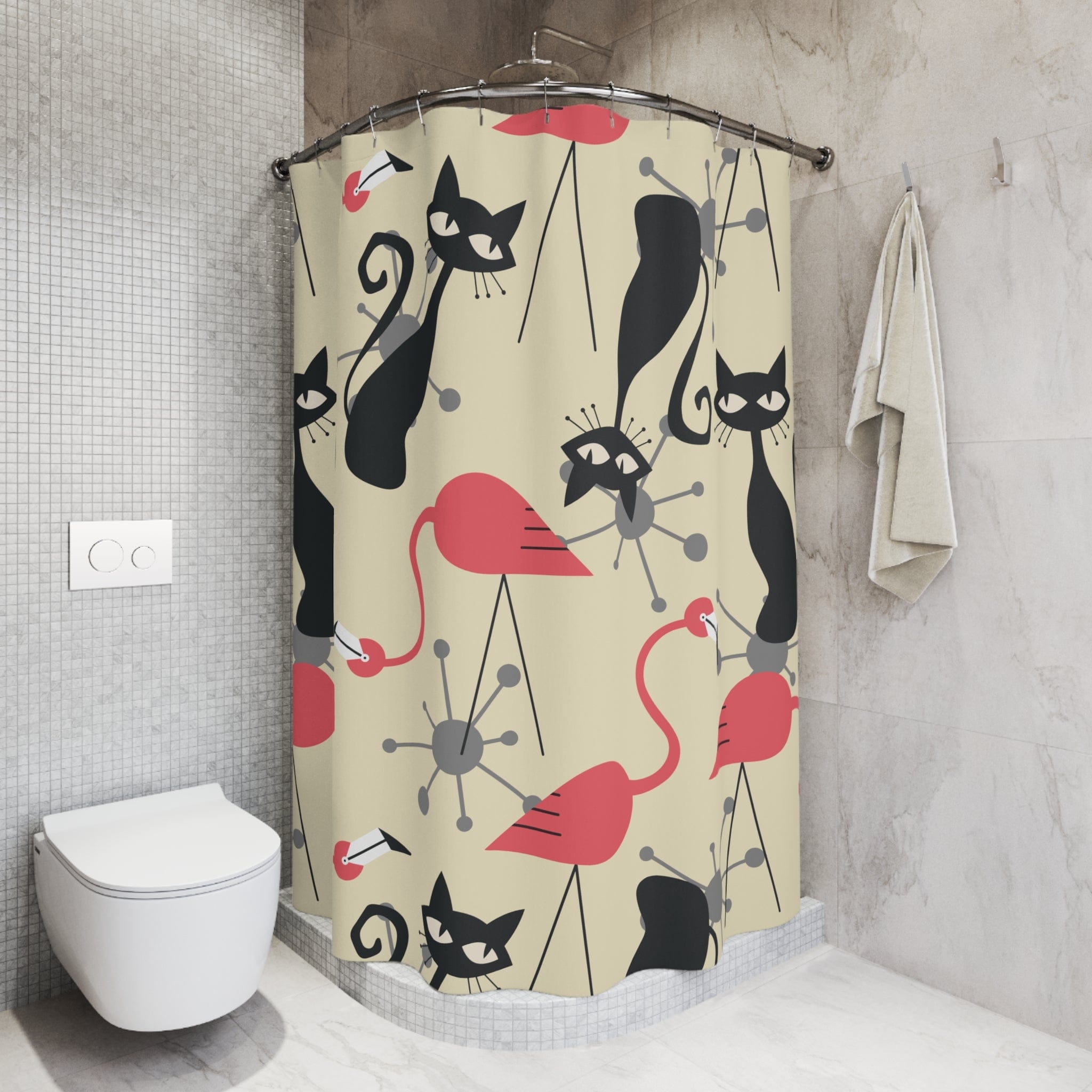 Kate McEnroe New York Mid Century Modern Atomic Cat, Flamingo Shower Curtain, Retro Whimsy Bath DecorShower Curtains17927581012828160564