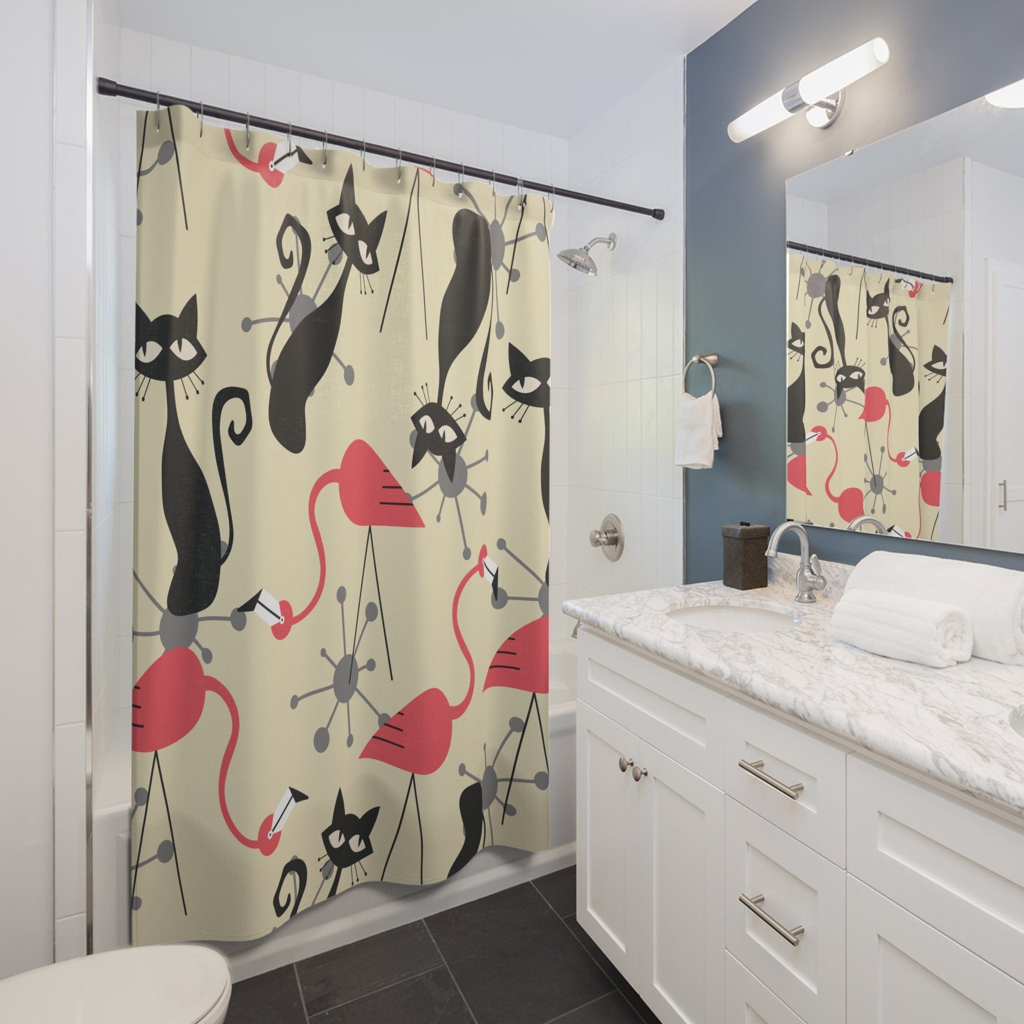 Kate McEnroe New York Mid Century Modern Atomic Cat, Flamingo Shower Curtain, Retro Whimsy Bath DecorShower Curtains17927581012828160564