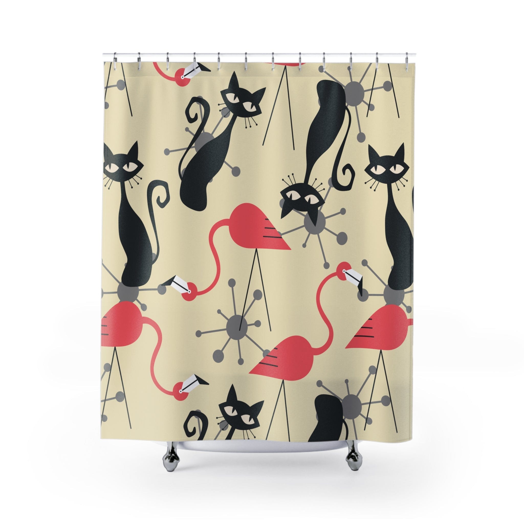 Kate McEnroe New York Mid Century Modern Atomic Cat, Flamingo Shower Curtain, Retro Whimsy Bath DecorShower Curtains17927581012828160564