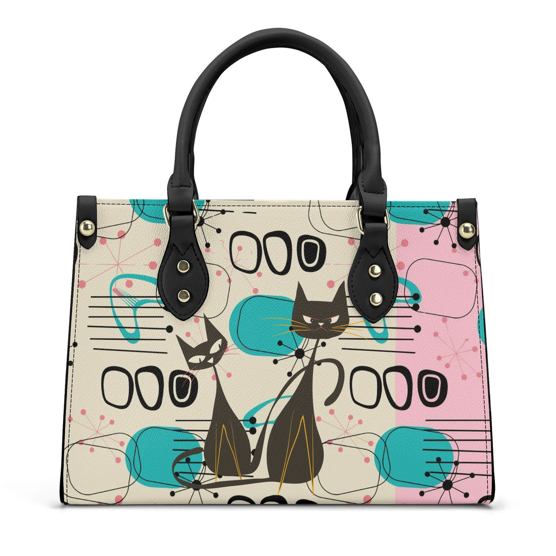 Kate McEnroe New York Mid Century Modern Atomic Cat Handbag, Retro Pink, Turquoise, and Black Leather BagHandbagsW8VGEO8W - 1