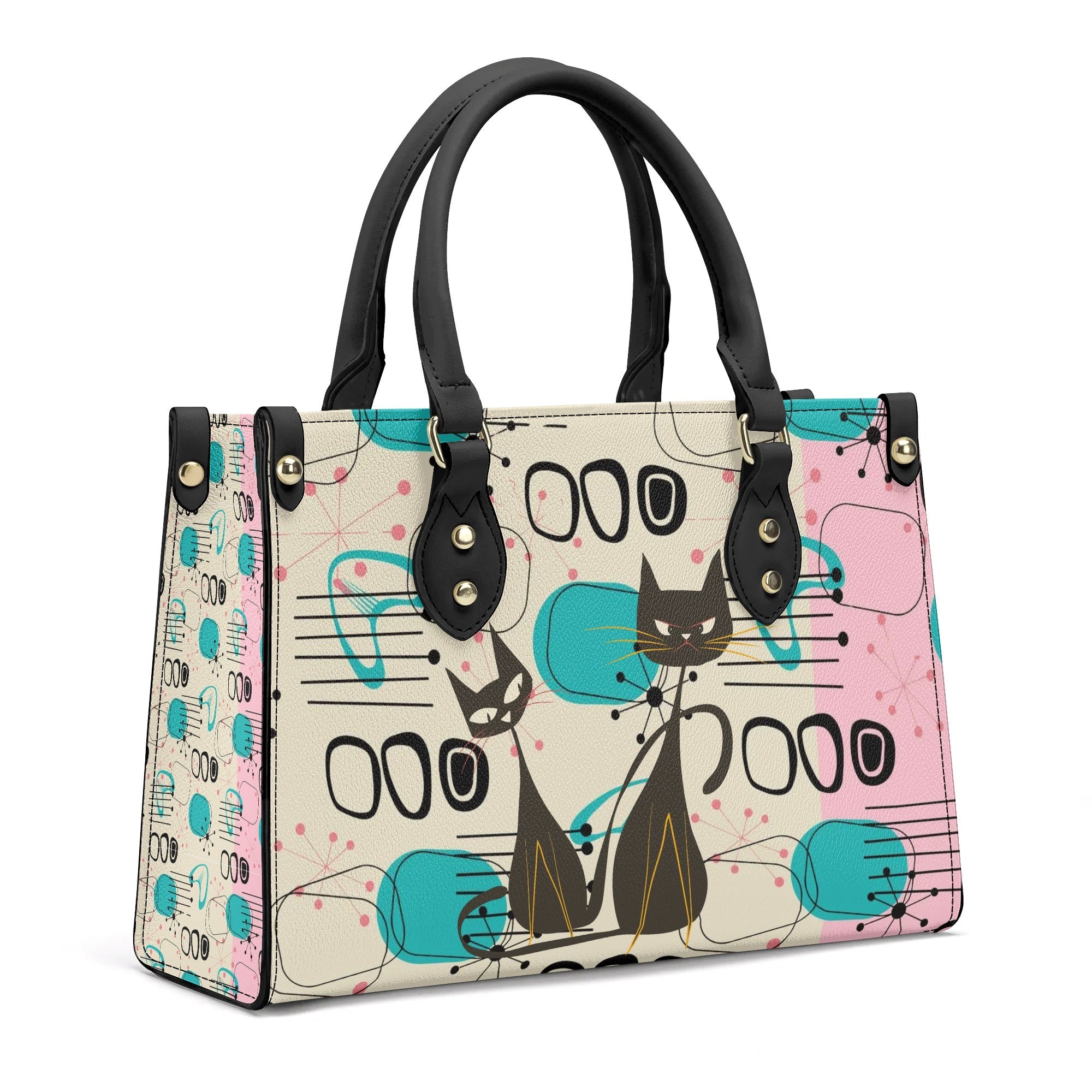 Kate McEnroe New York Mid Century Modern Atomic Cat Handbag, Retro Pink, Turquoise, and Black Leather BagHandbagsW8VGEO8W - 2