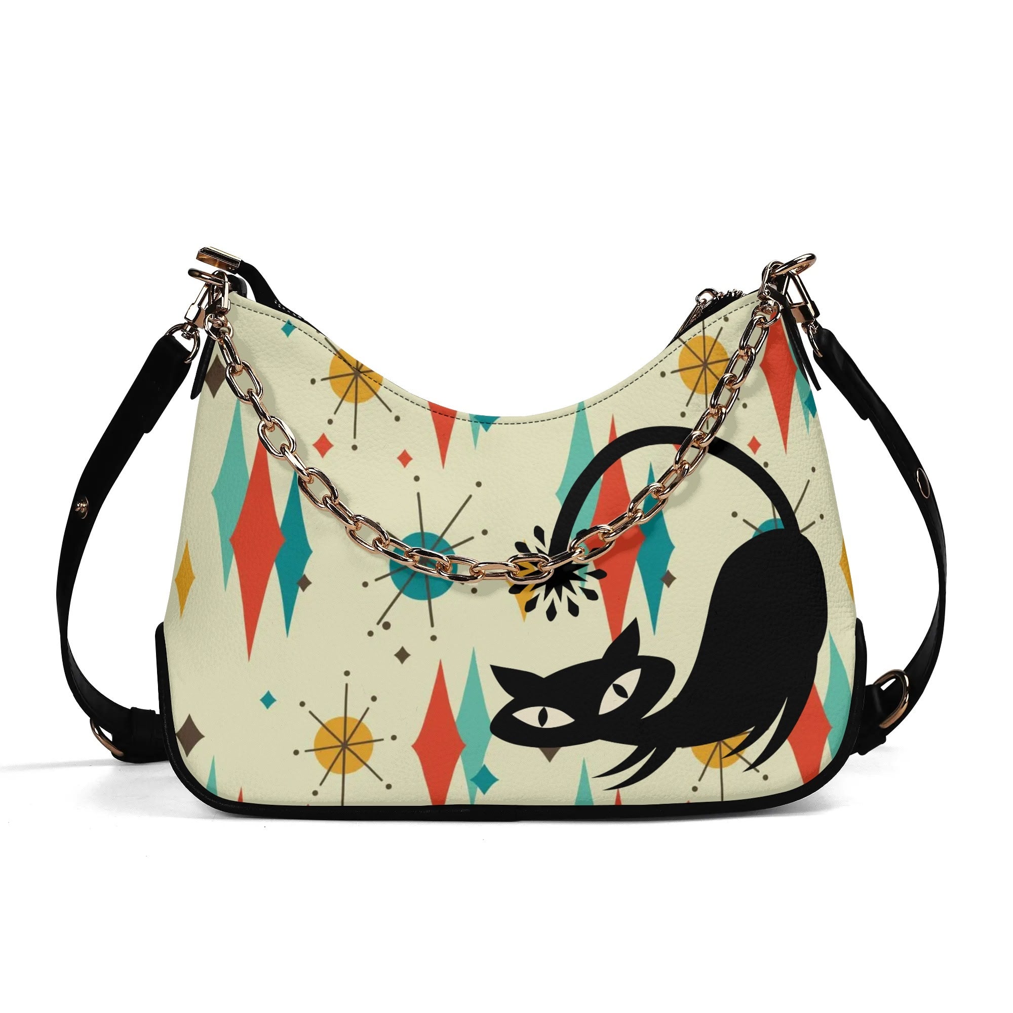 Kate McEnroe New York Mid Century Modern Atomic Cat Hobo Bag, Retro Franciscan Starburst Shoulder Bag, MCM Style PurseHandbagsWXMJLX4Y - 1