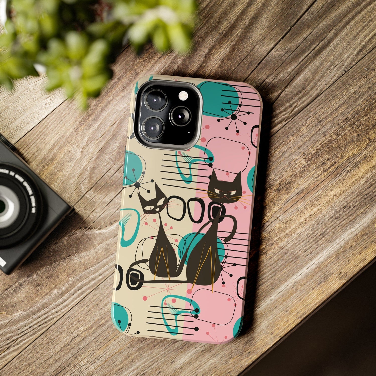 Kate McEnroe New York Mid Century Modern Atomic Cat iPhone Case in Retro Geometric Pink Turquoise and BlackPhone Cases11356757770195330921