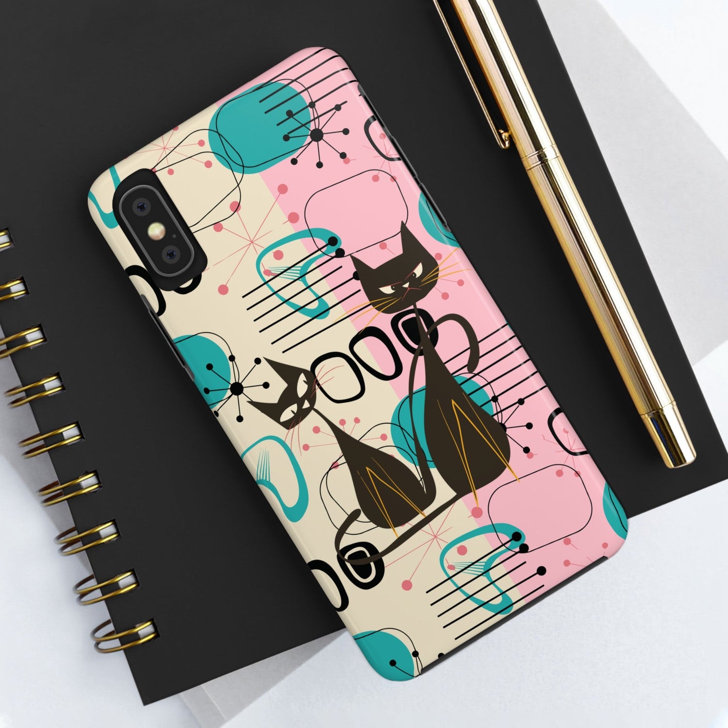 Kate McEnroe New York Mid Century Modern Atomic Cat iPhone Case in Retro Geometric Pink Turquoise and BlackPhone Cases13345031417610594096