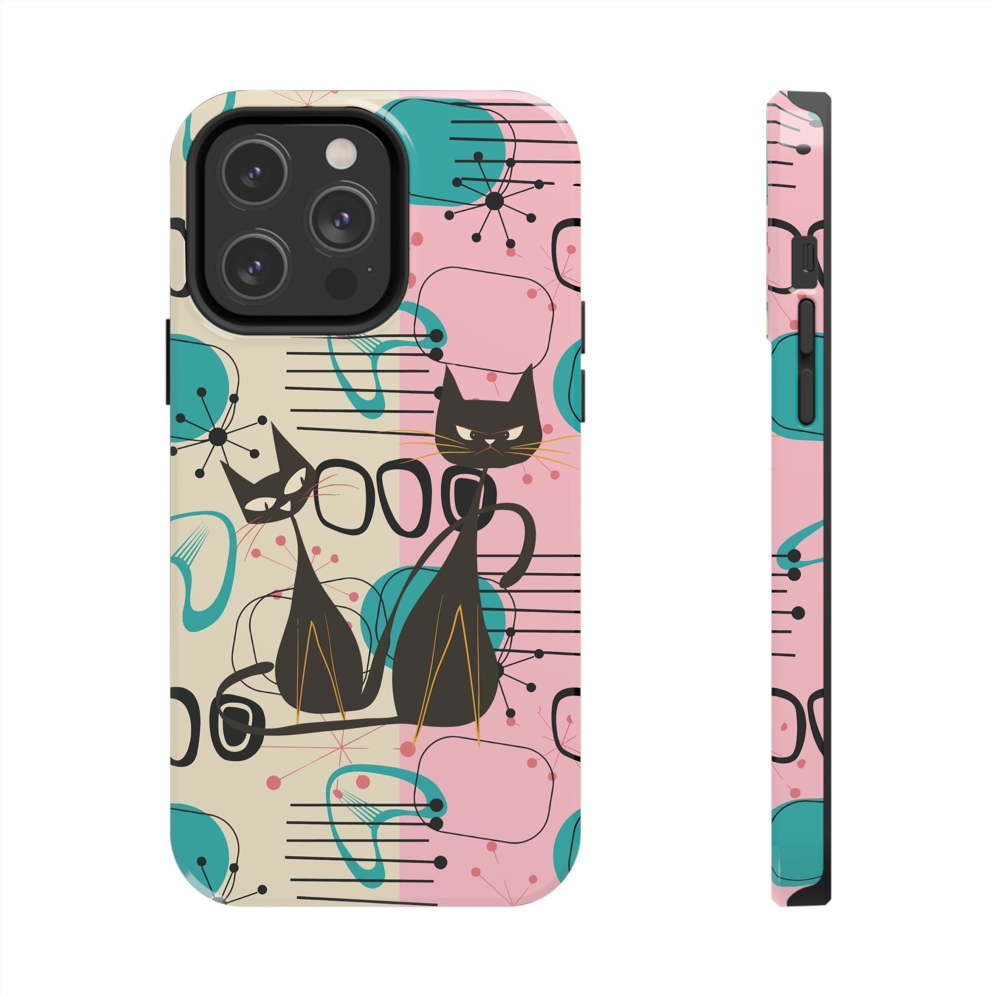 Kate McEnroe New York Mid Century Modern Atomic Cat iPhone Case in Retro Geometric Pink Turquoise and BlackPhone Cases14425074493112466959