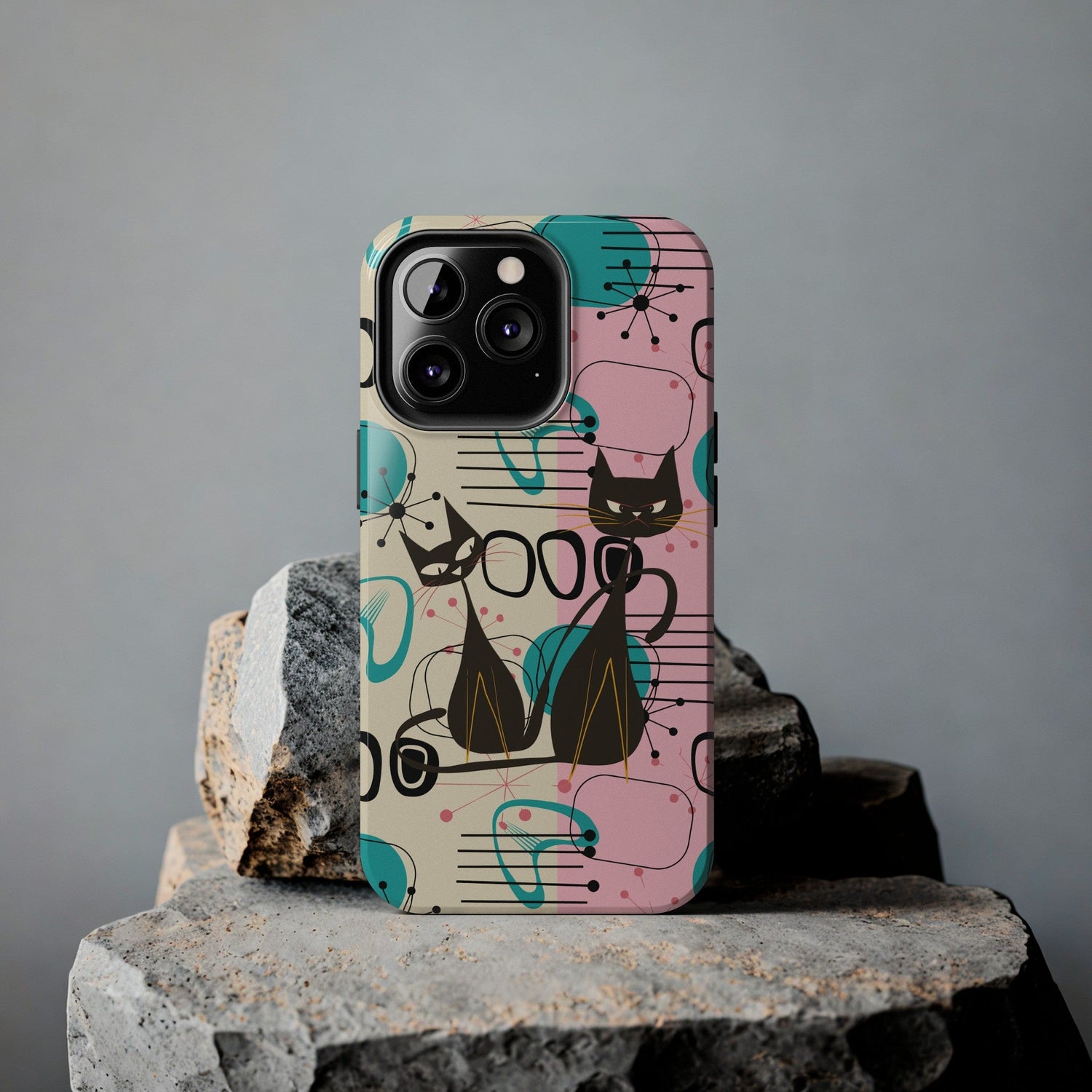 Kate McEnroe New York Mid Century Modern Atomic Cat iPhone Case in Retro Geometric Pink Turquoise and BlackPhone Cases17897487427122411728