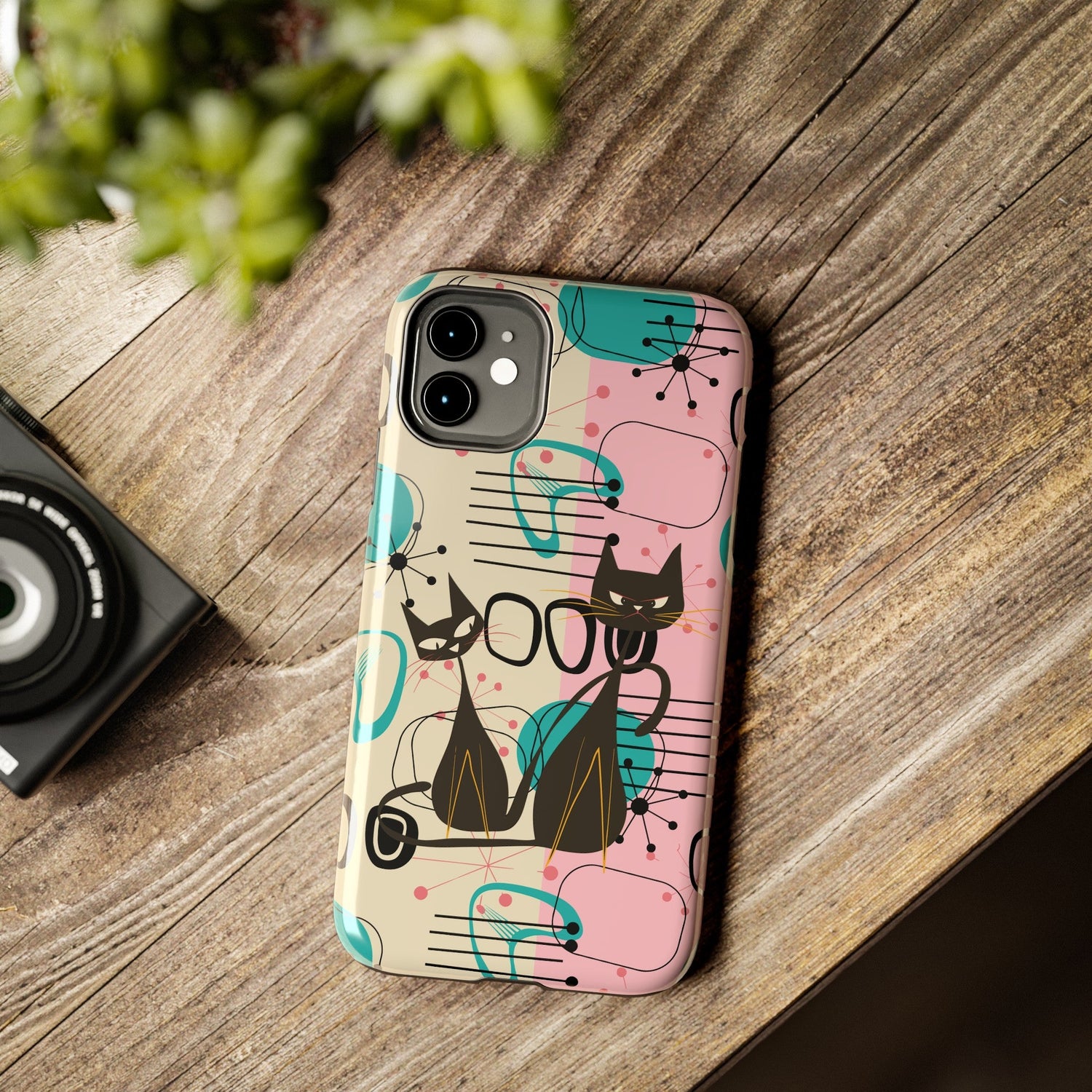 Kate McEnroe New York Mid Century Modern Atomic Cat iPhone Case in Retro Geometric Pink Turquoise and BlackPhone Cases20838442167499074046