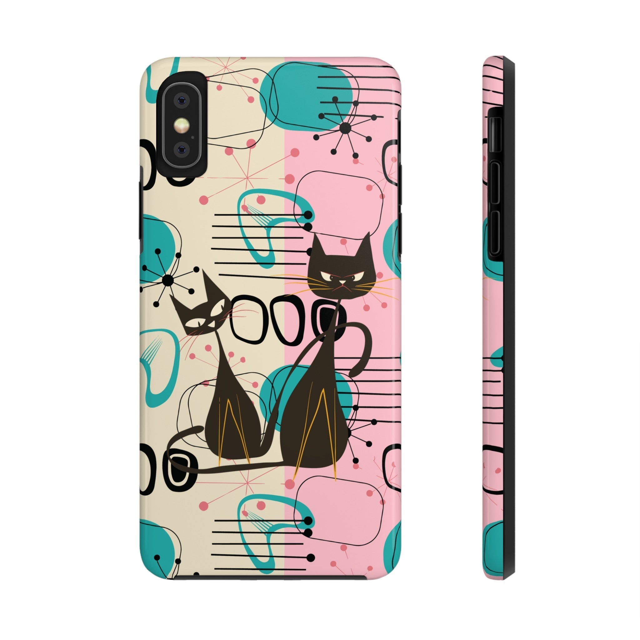 Kate McEnroe New York Mid Century Modern Atomic Cat iPhone Case in Retro Geometric Pink Turquoise and BlackPhone Cases23144646167645908148