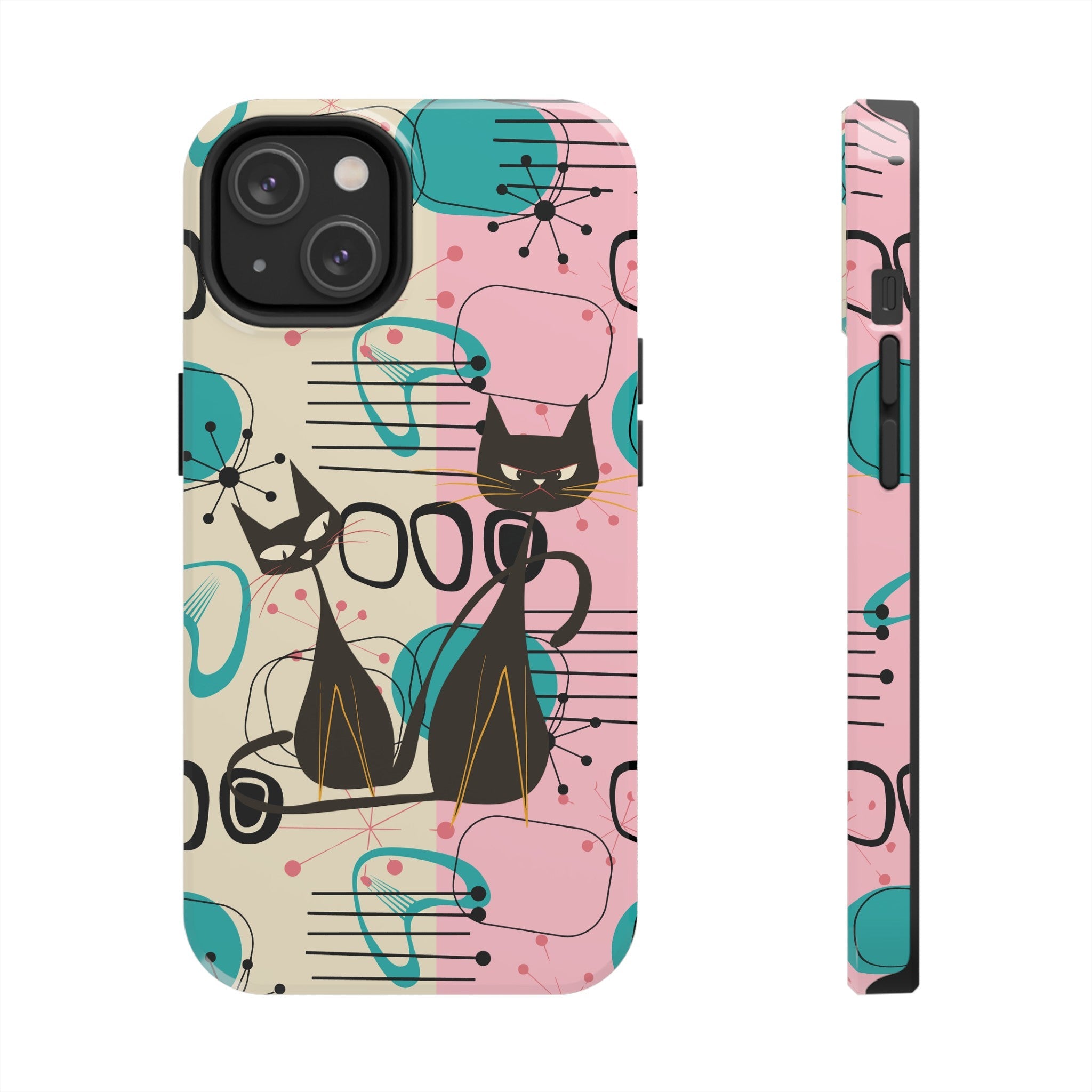 Kate McEnroe New York Mid Century Modern Atomic Cat iPhone Case in Retro Geometric Pink Turquoise and BlackPhone Cases31482604858140550846