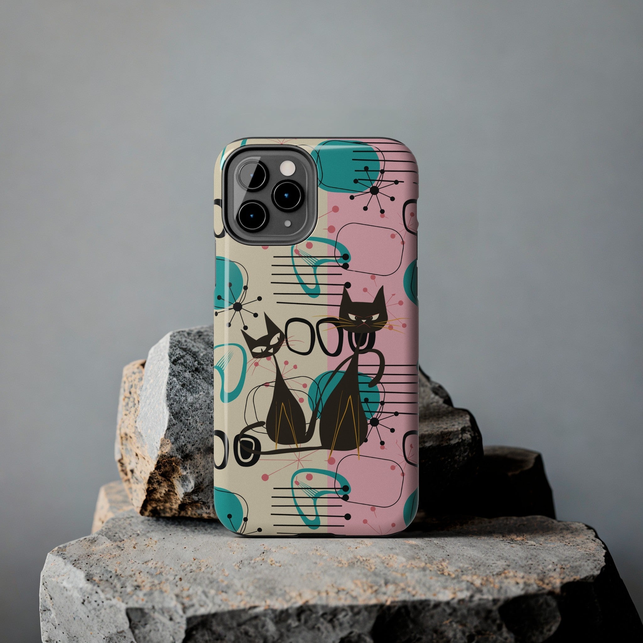 Kate McEnroe New York Mid Century Modern Atomic Cat iPhone Case in Retro Geometric Pink Turquoise and BlackPhone Cases62442197427523895158