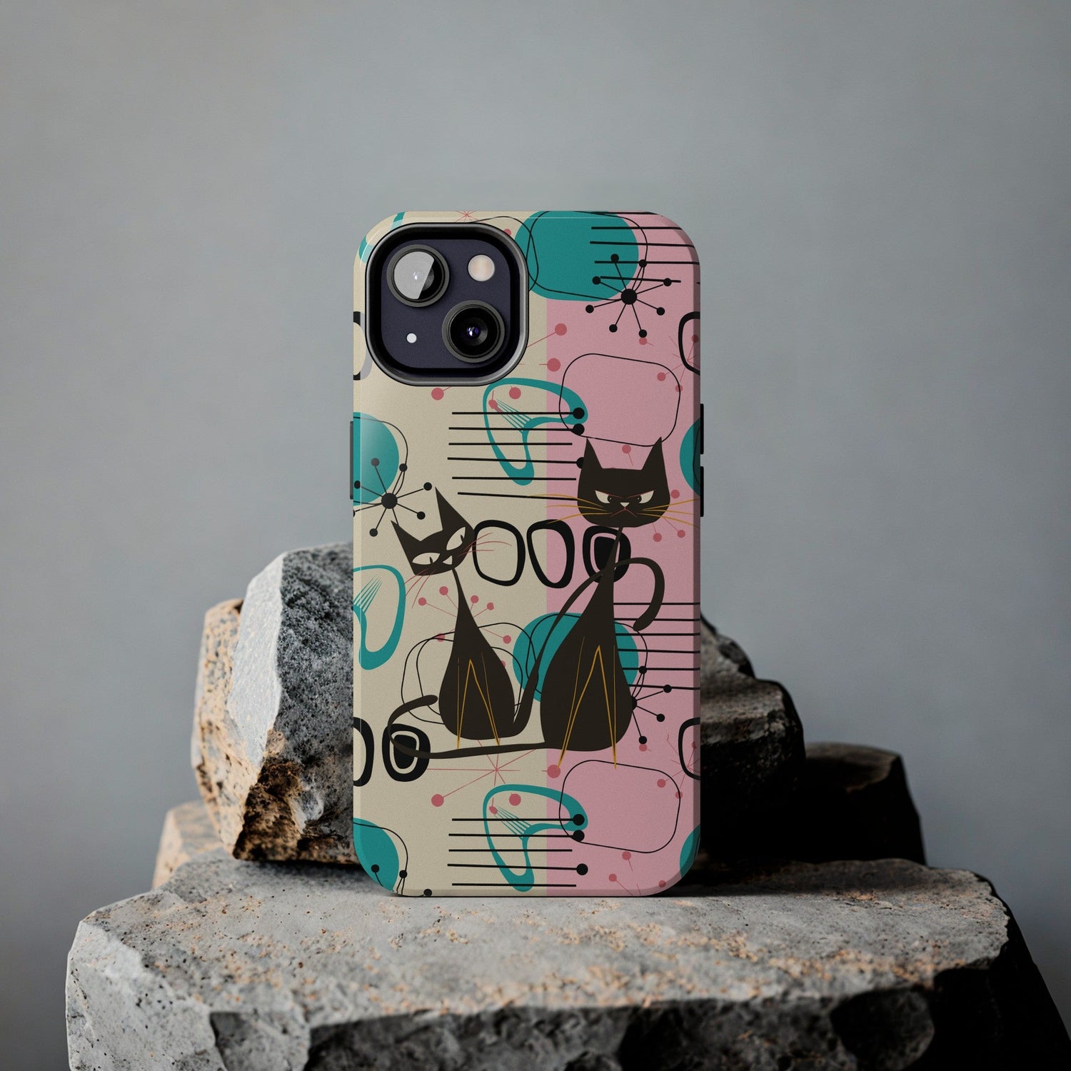 Kate McEnroe New York Mid Century Modern Atomic Cat iPhone Case in Retro Geometric Pink Turquoise and BlackPhone Cases71381543803361417753