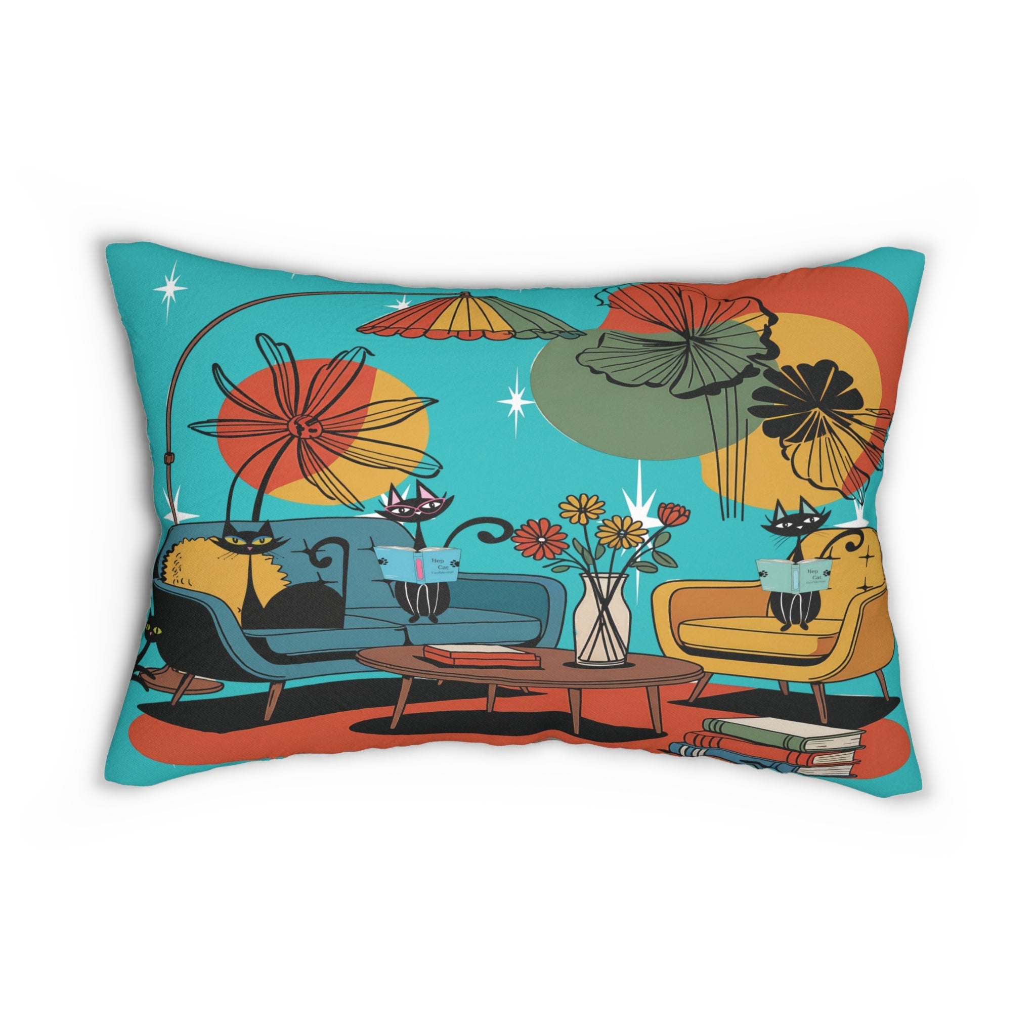 Kate McEnroe New York Mid Century Modern Atomic Cat Lumbar Pillow, Retro 1950s Lounge Cushion, MCM Bookish Home AccentLumbar Pillows10729350092323972268