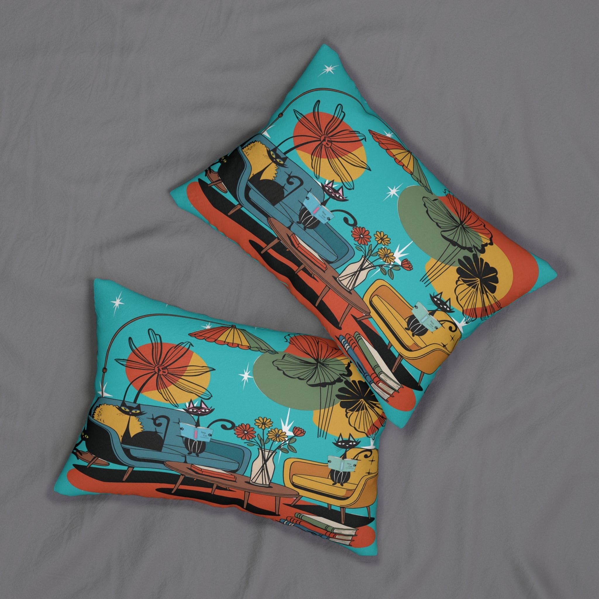 Kate McEnroe New York Mid Century Modern Atomic Cat Lumbar Pillow, Retro 1950s Lounge Cushion, MCM Bookish Home AccentLumbar Pillows10729350092323972268