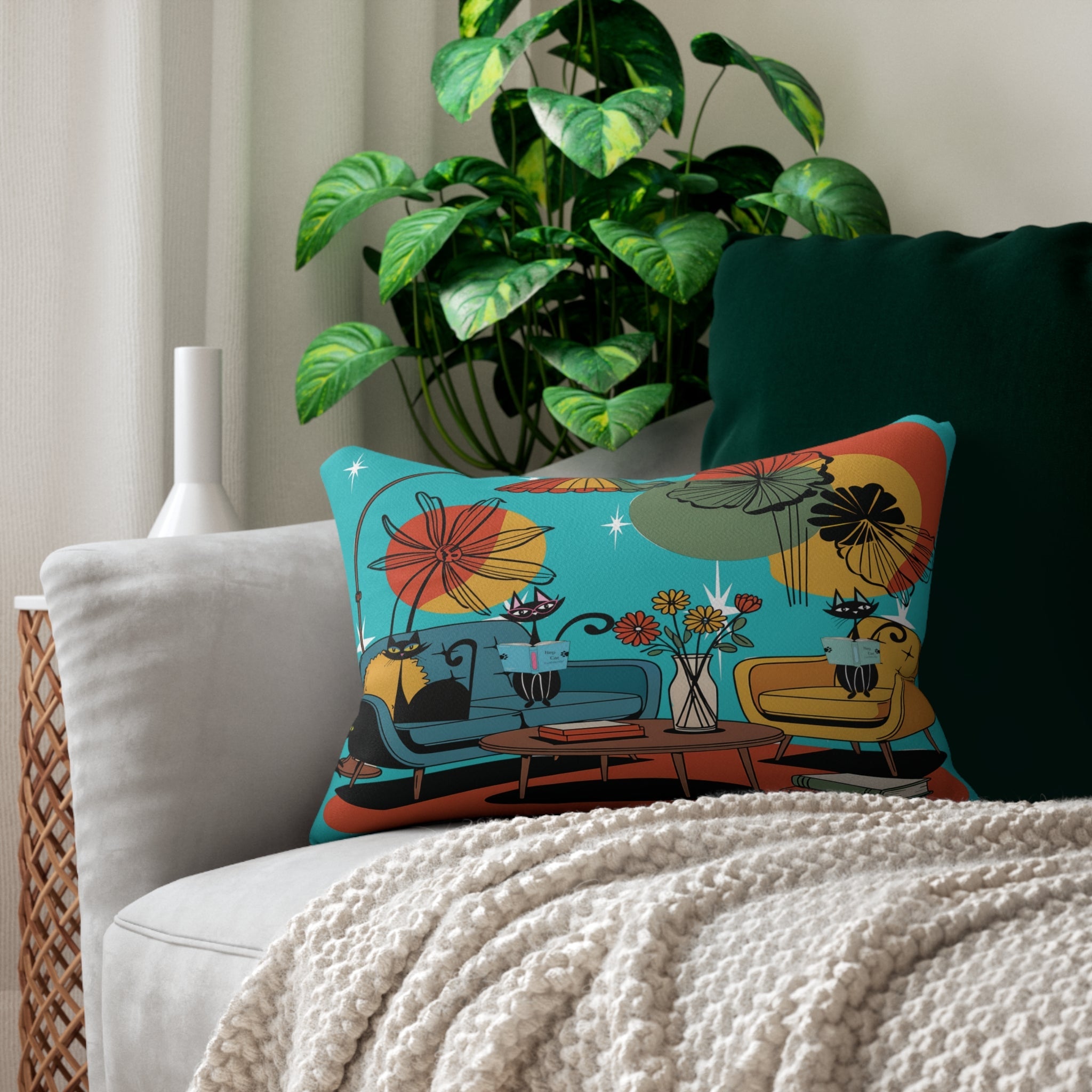 Kate McEnroe New York Mid Century Modern Atomic Cat Lumbar Pillow, Retro 1950s Lounge Cushion, MCM Bookish Home AccentLumbar Pillows10729350092323972268