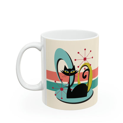 Kate McEnroe New York Mid Century Modern Atomic Cat Mug, Retro Teal, Coral Coffee Cup, MCM KitchenwareMugs11295856072710522431