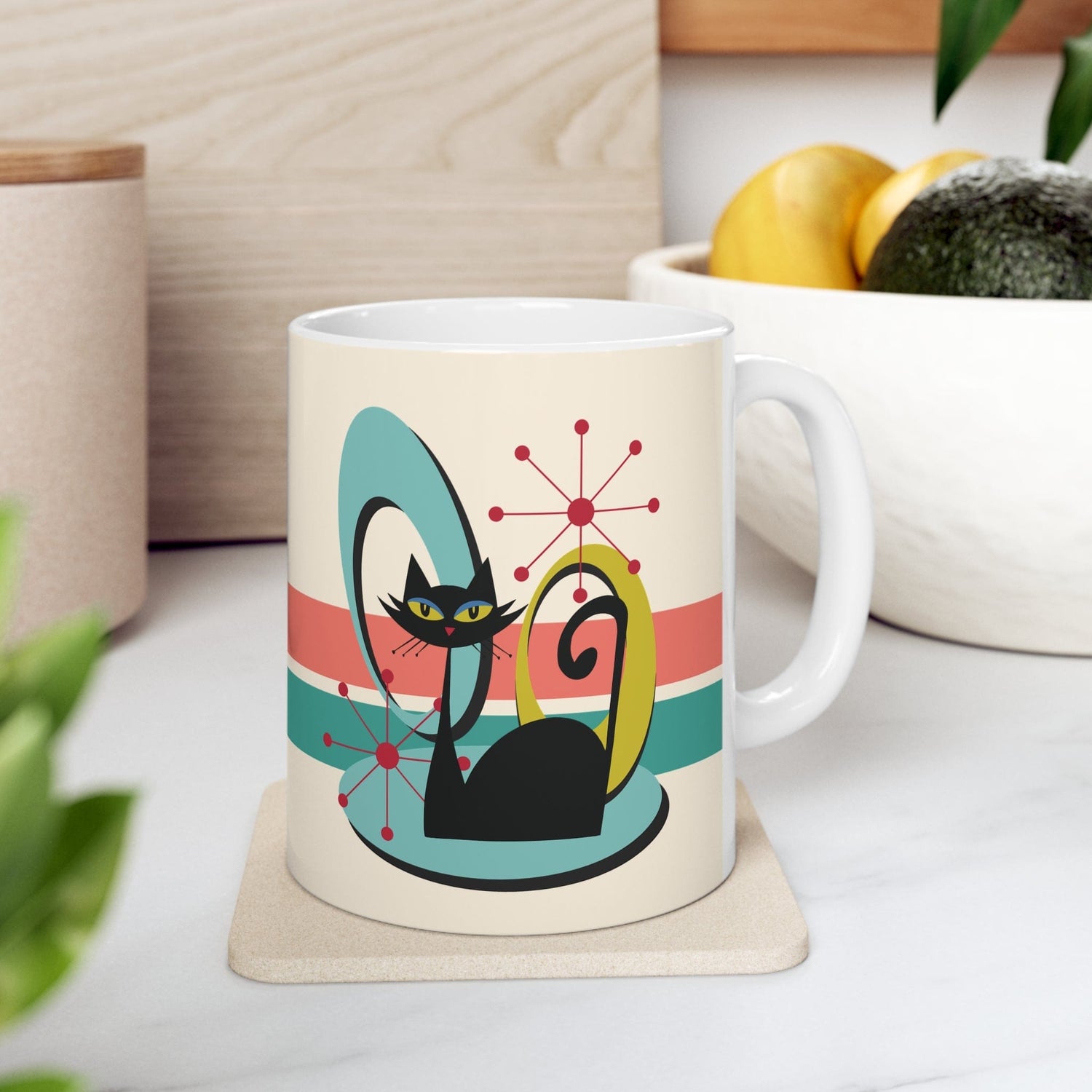 Kate McEnroe New York Mid Century Modern Atomic Cat Mug, Retro Teal, Coral Coffee Cup, MCM KitchenwareMugs11295856072710522431